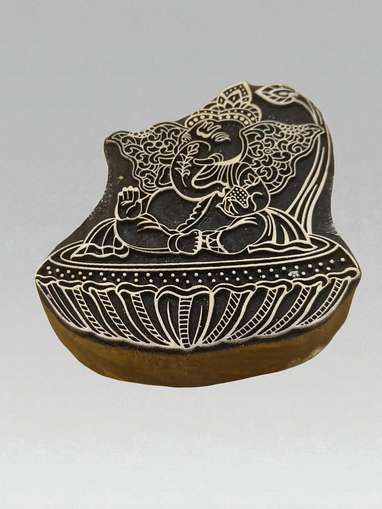 Ganesha On Lotus hand carved Indian wood printing block; textile stamp; pottery stamp,