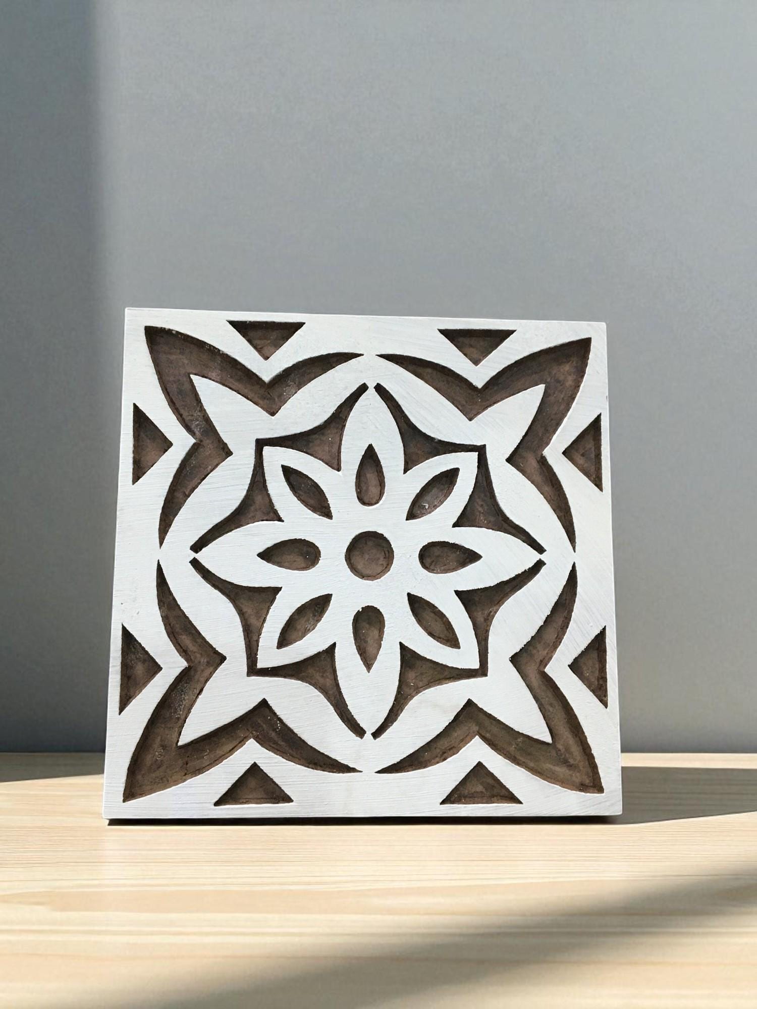 Hand Carved Indian Printing Block: Mediterranean Tile Design