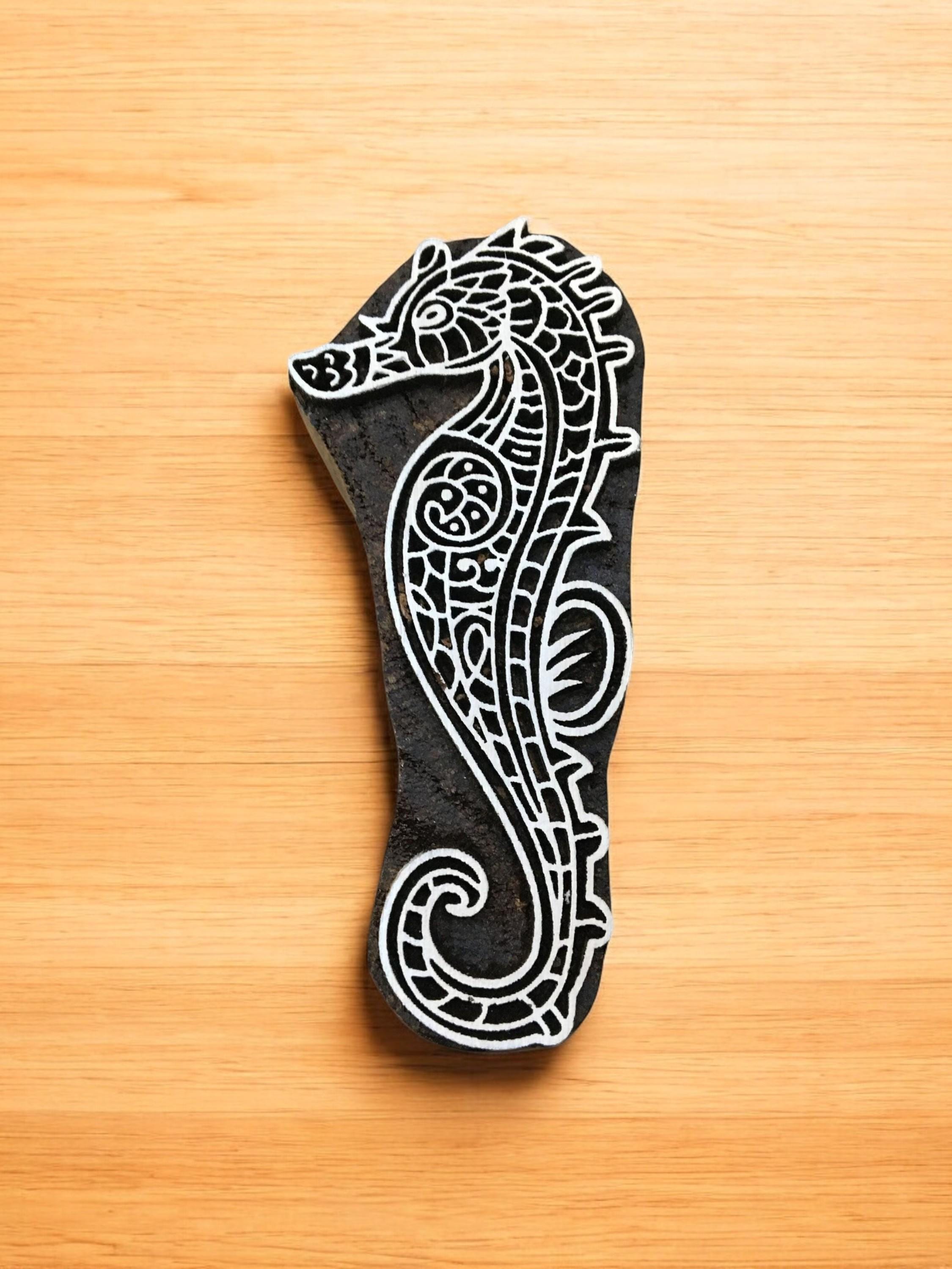 Zentangle Seahorse, hand carved Indian wood printing block; textile stamp; pottery stamp,