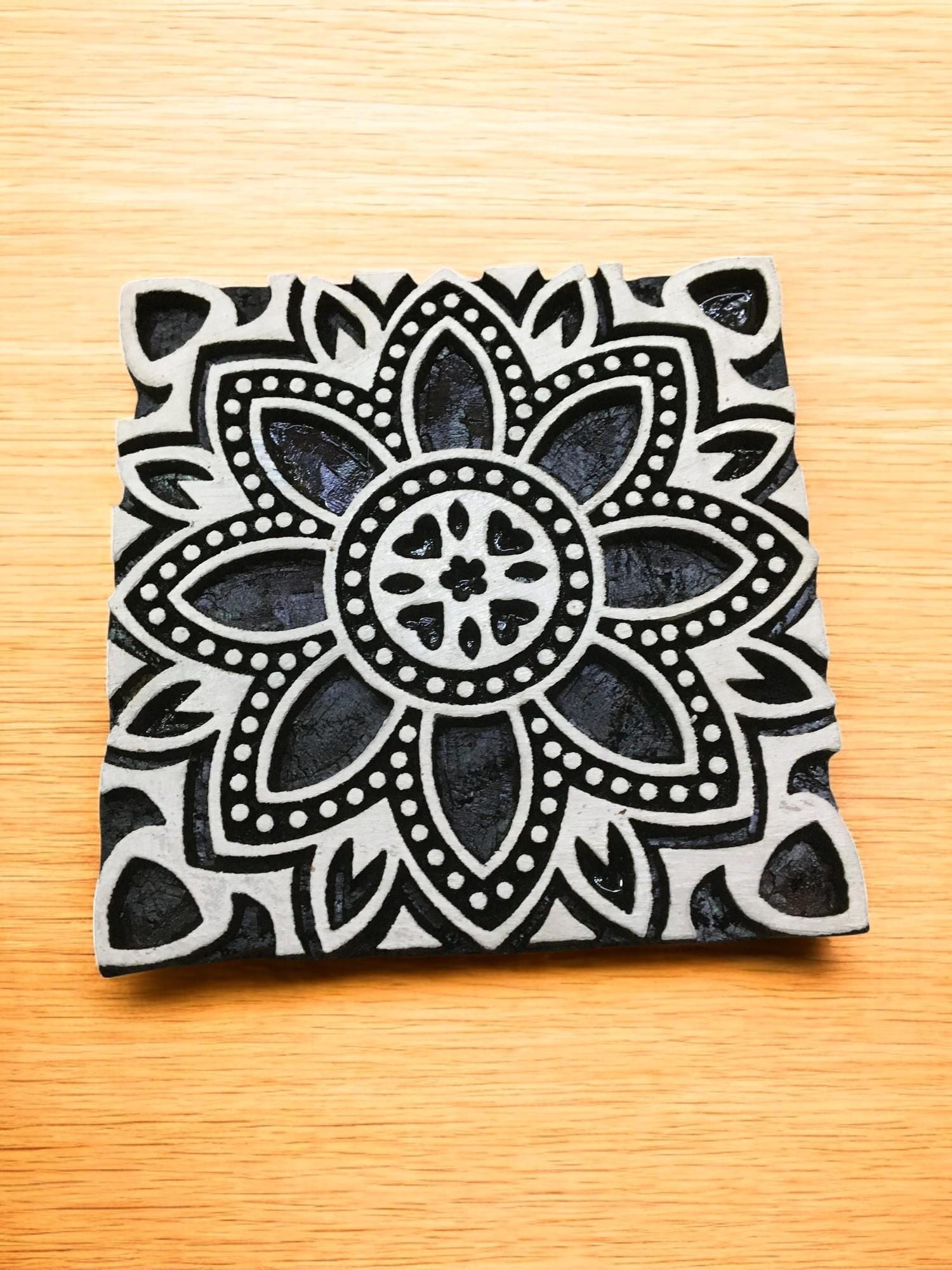 Moroccan Tile Printing Block, Indian Floral Wood Stamp (9x9cm)