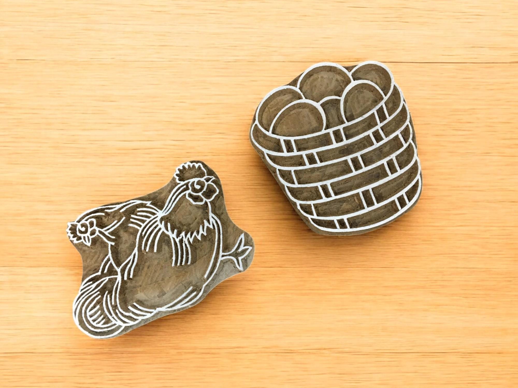 Hen, Cock & Egg Basket Wooden Printing Blocks, Textile Pottery Stamps
