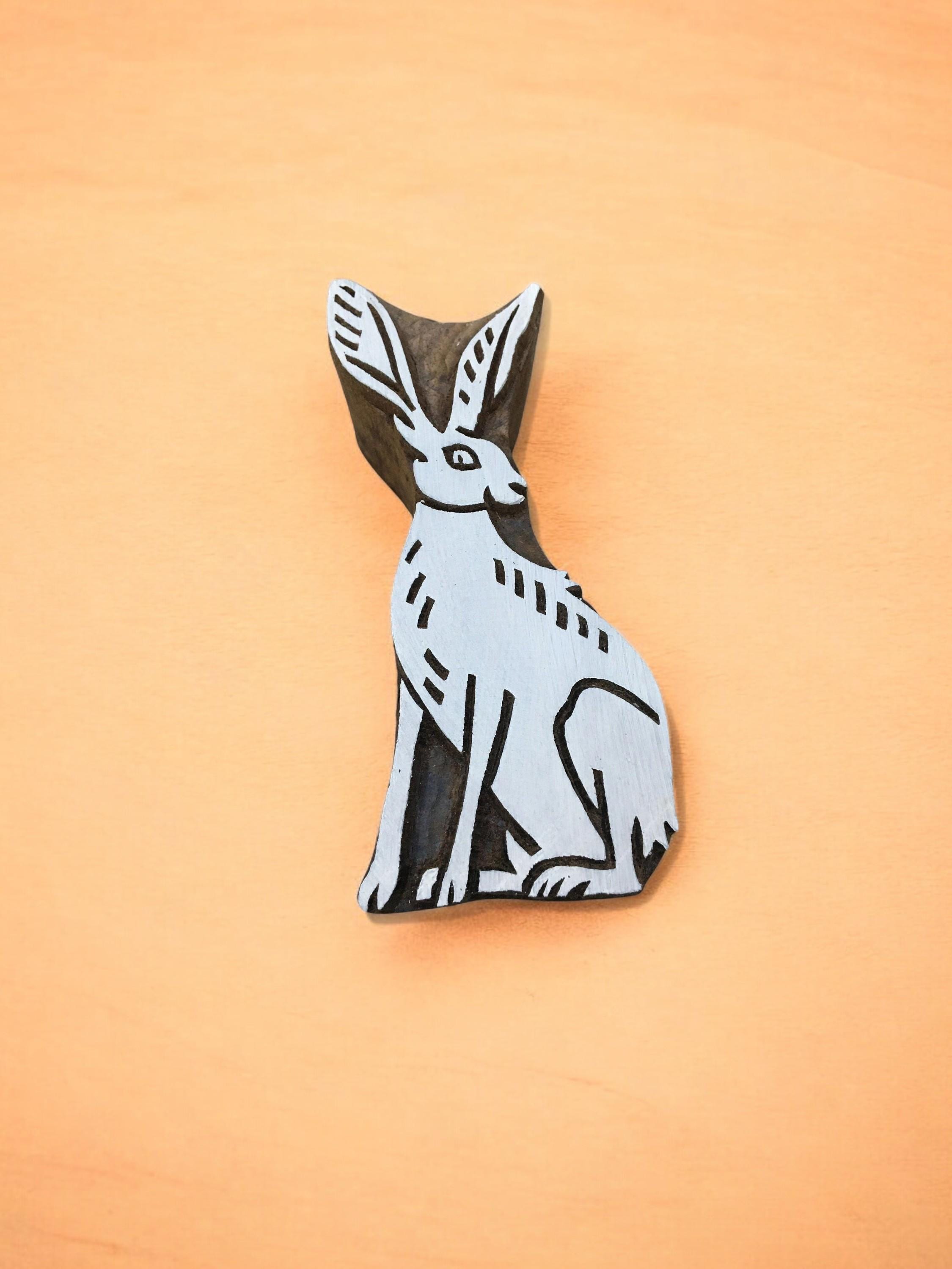 sitting hare, hand carved Indian wood printing block; textile stamp; pottery stamp,