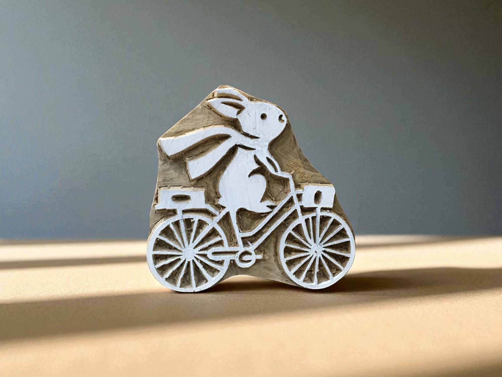 A Rabbit On Bicycle,  hand carved Indian wood printing block; textile stamp; pottery stamp,