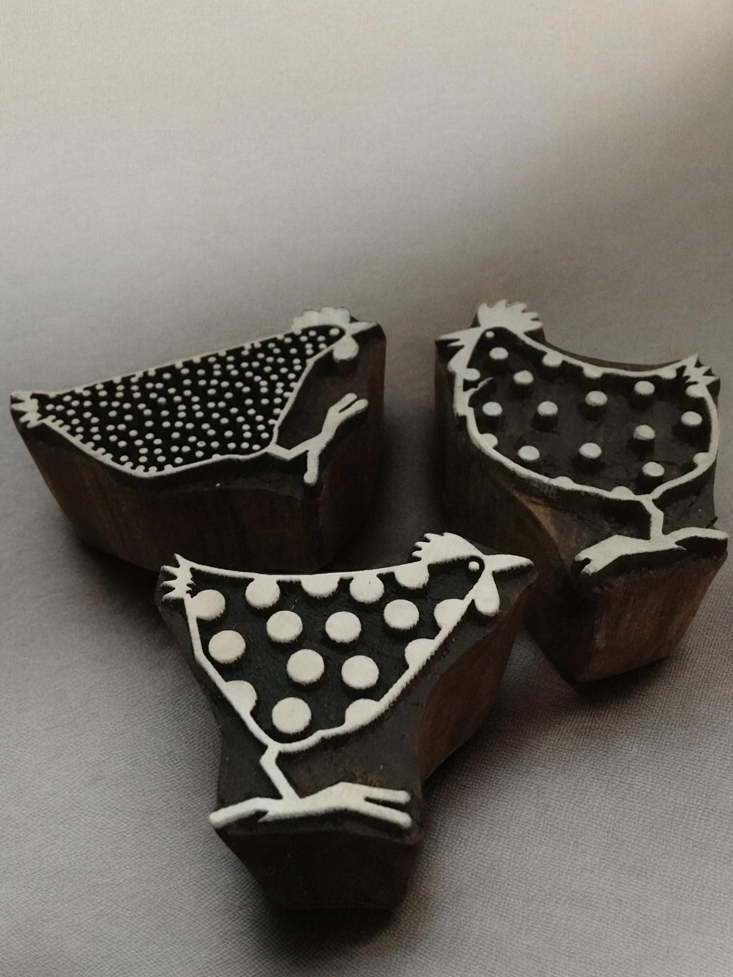Funky Chickens Indian Wooden Printing Block, Batik Stamp