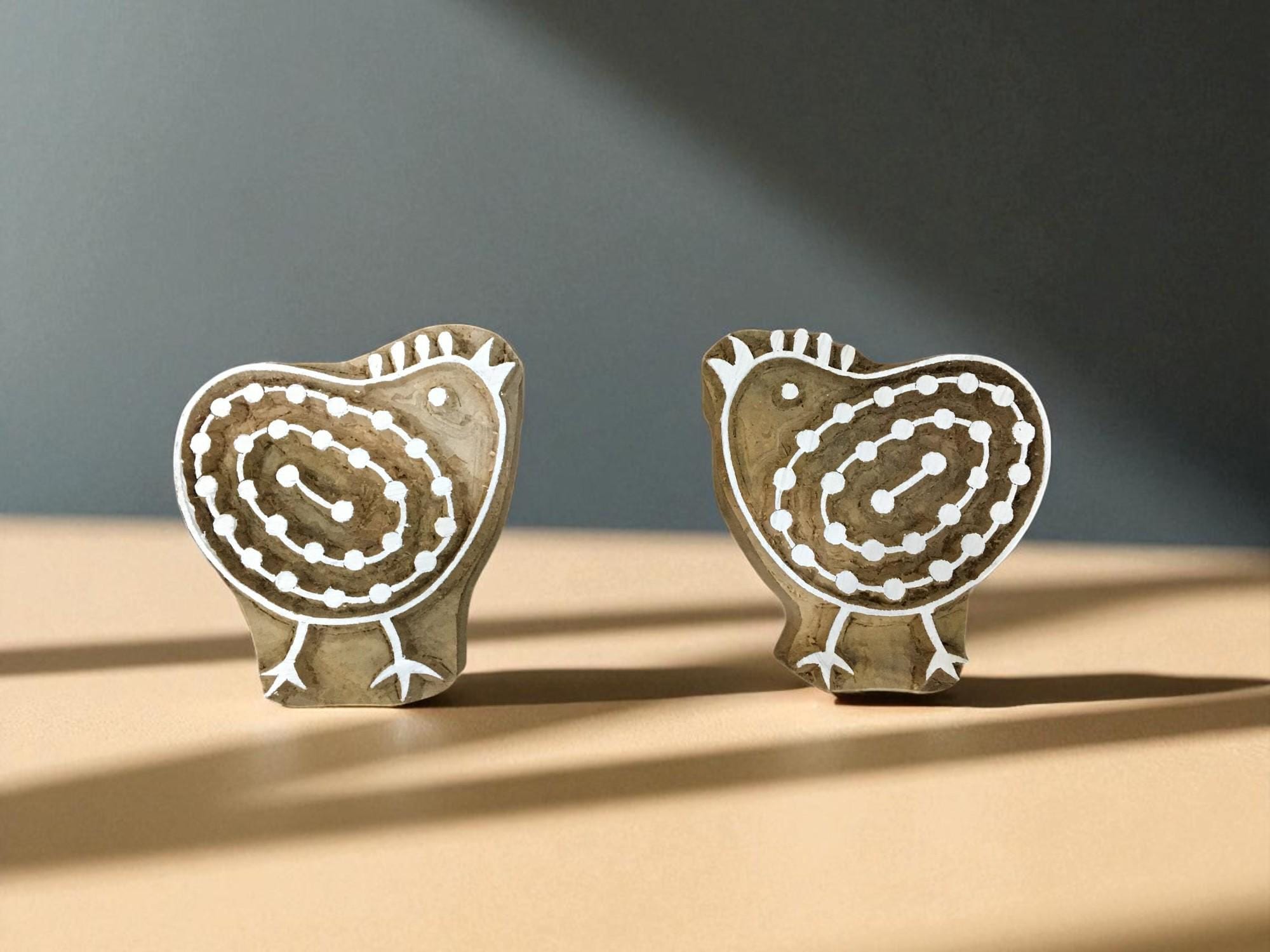 Twin hen 04  hand carved Indian wood printing block; textile stamp; pottery stamp,