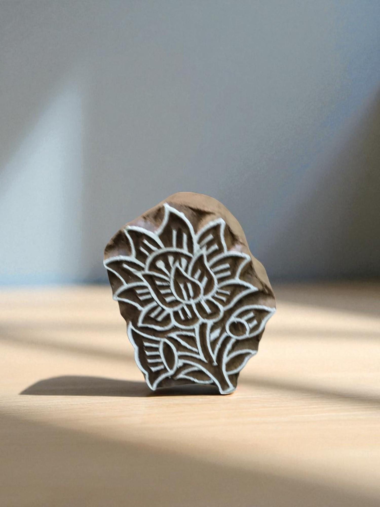 Hand Carved Lotus Wood Block Stamp, Textile Printing (5x4 cm)