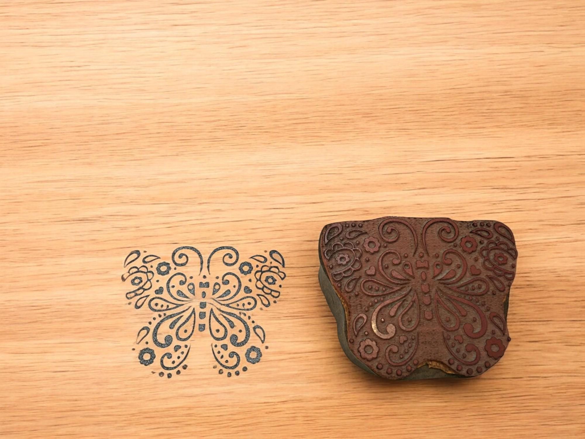 Detailed Butterfly Wood Stamp, Hand Carved Indian Printing Block