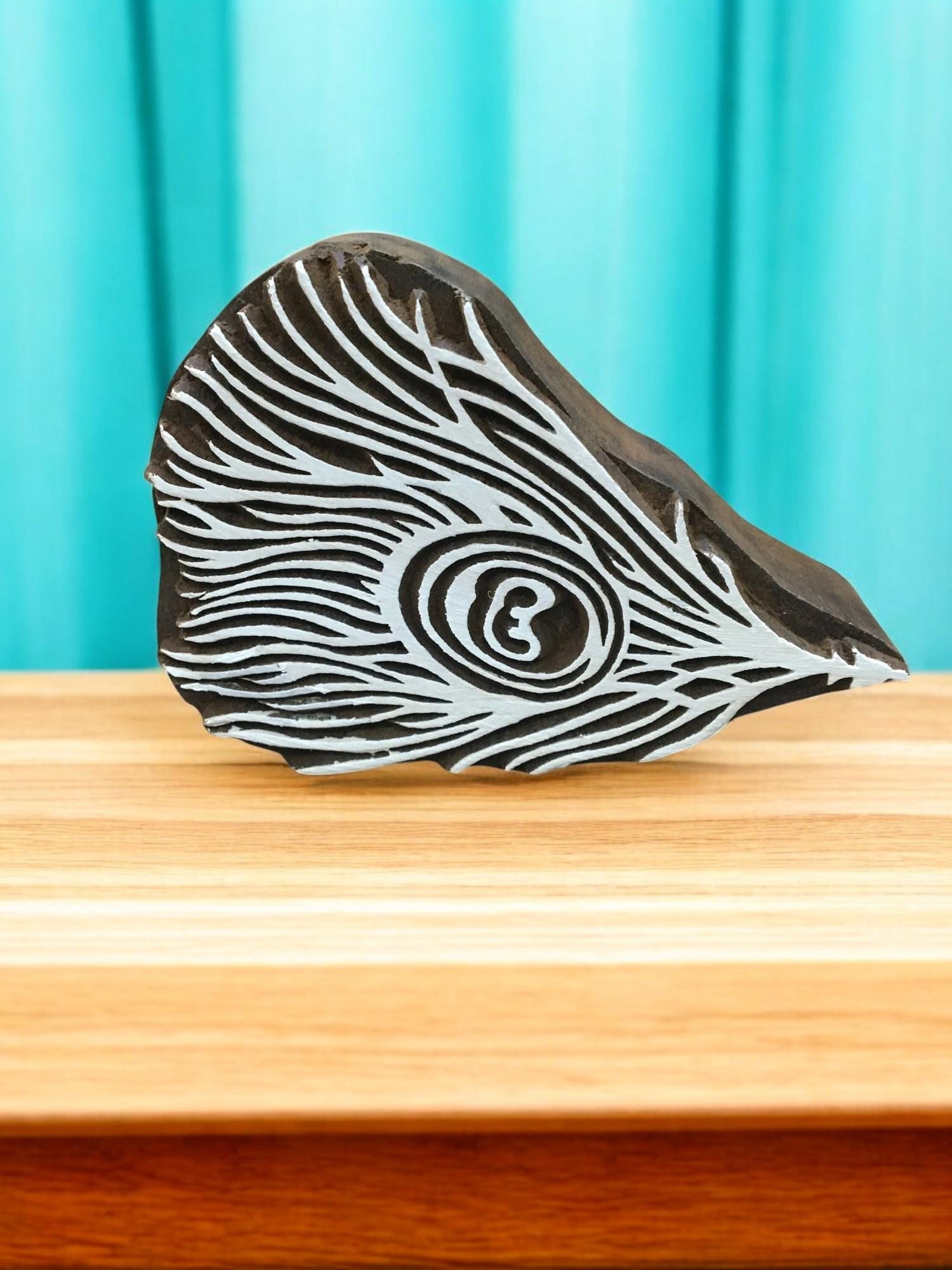 Peacock Feather, hand carved Indian wood printing block; textile stamp; pottery stamp,