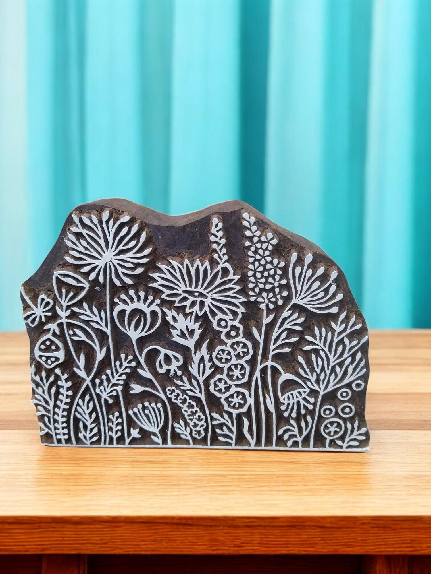 Floral Meadow Wooden Printing Block, Indian Hand Carved Stamp