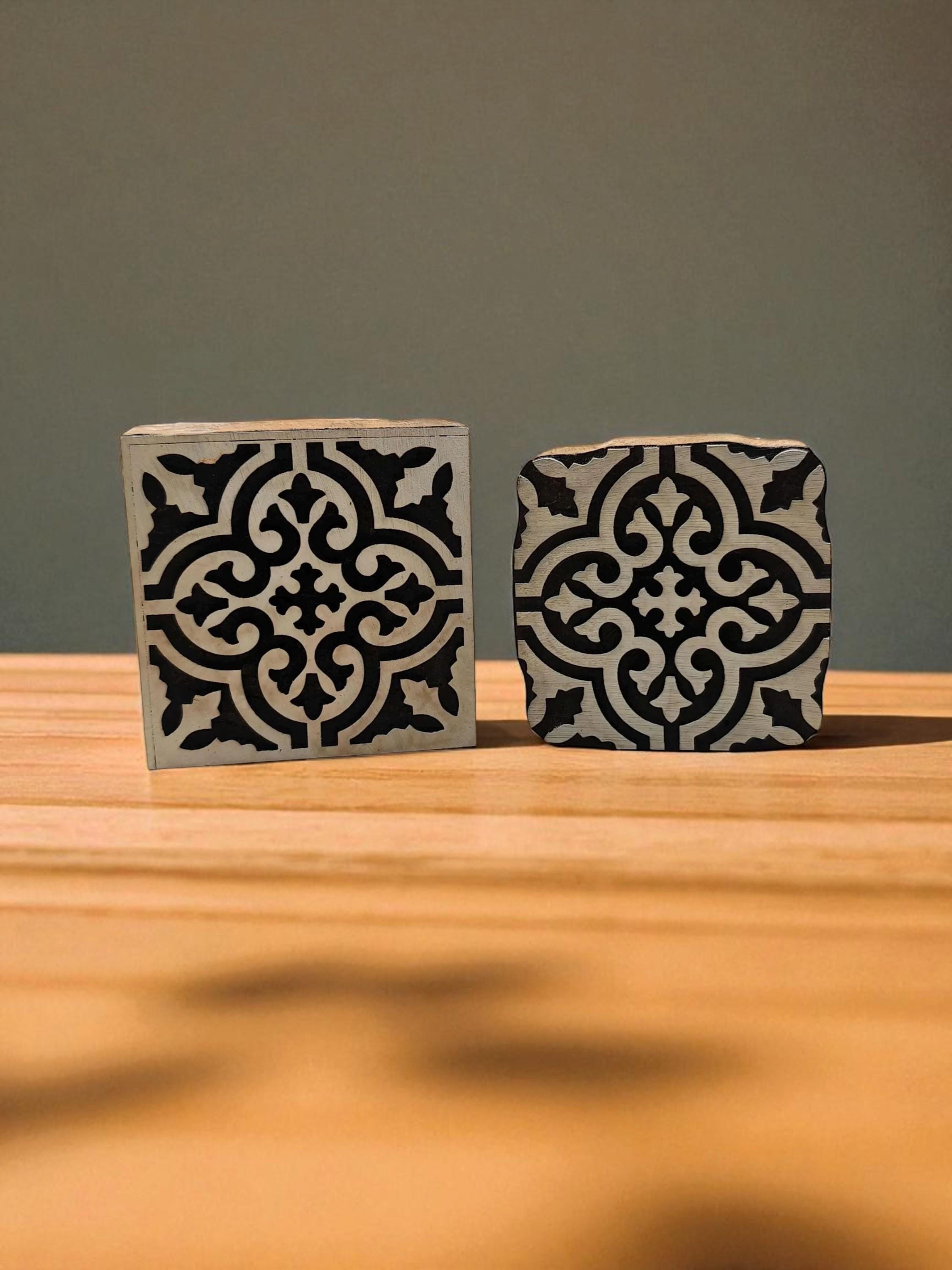 Moroccan Tile Wooden Printing Block Stamp, Floral Carved Tjap