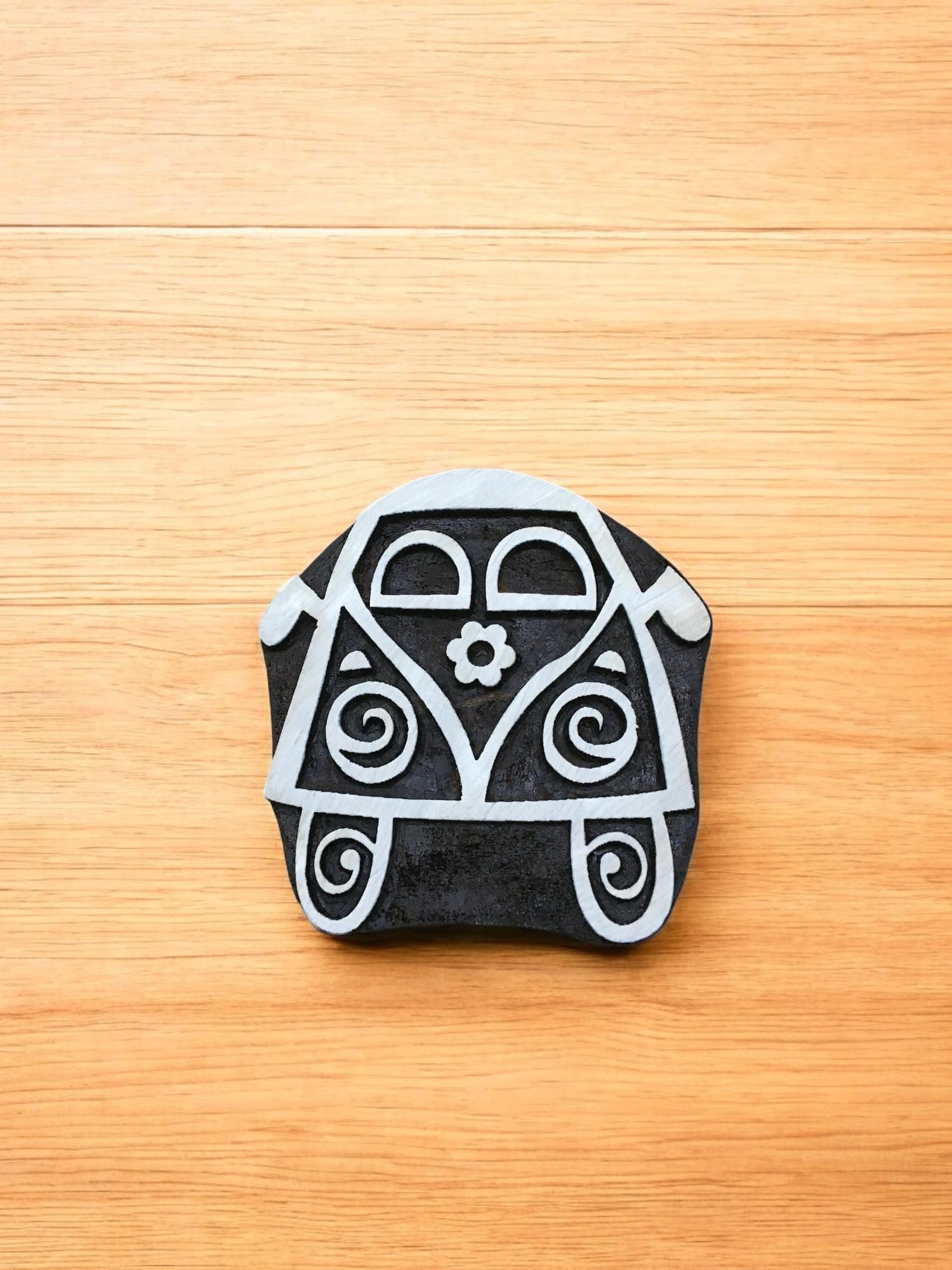 Campervan Wooden Printing Block – Hippie Floral Carved Stamp