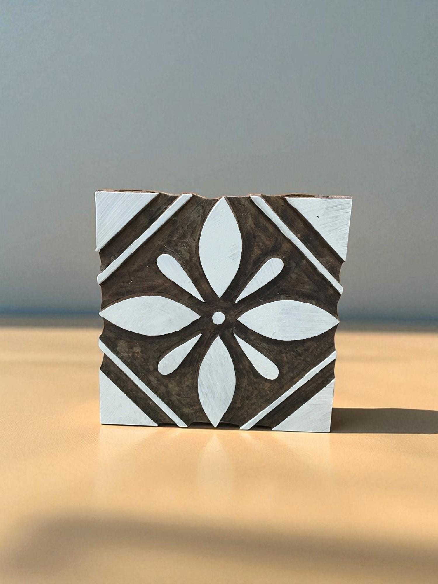 Hand Carved Indian Wood Printing Block: Floral Textile Stamp