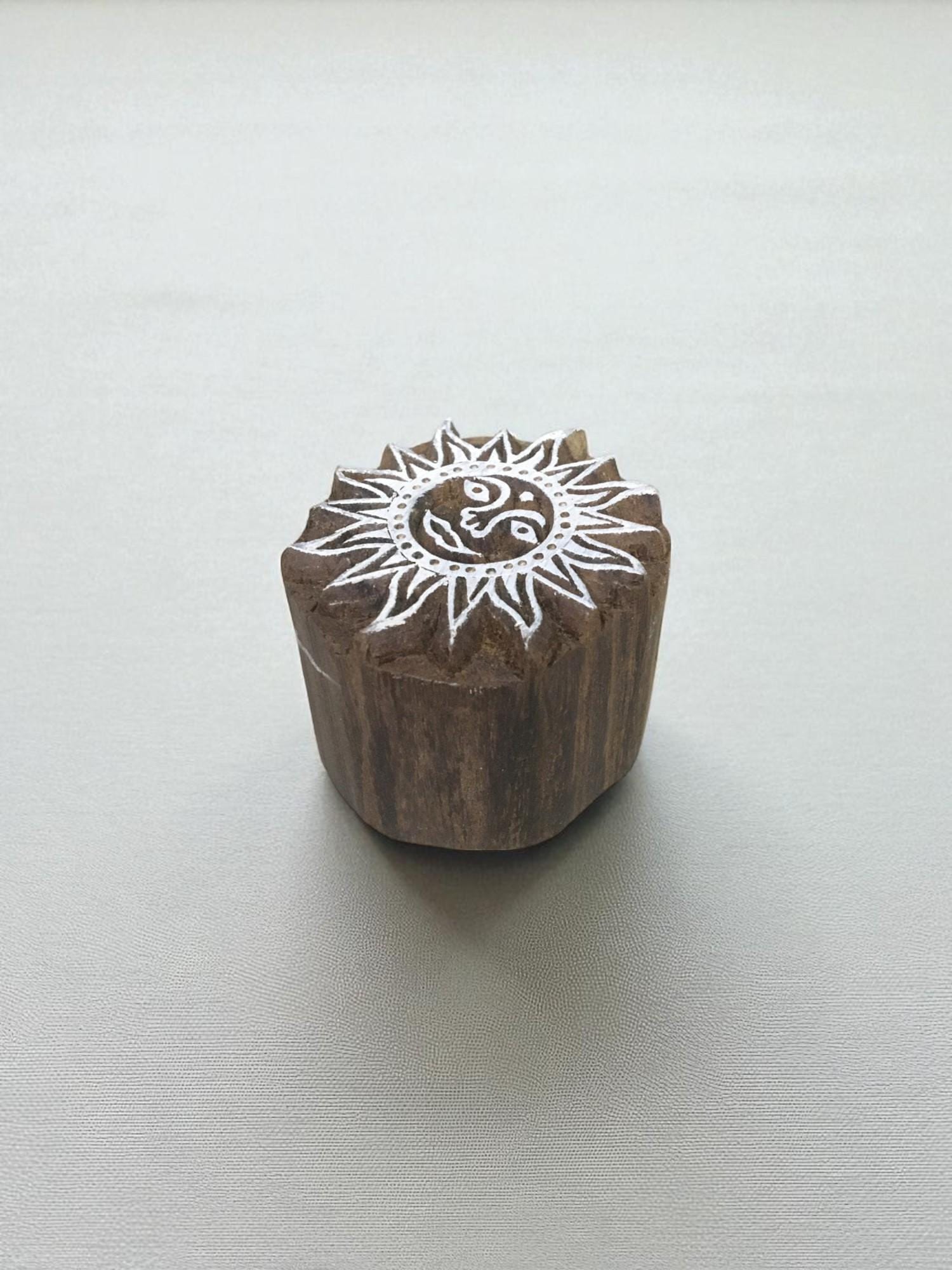 Fair Trade Sun Face Wooden Printing Block, Indian Textile Stamp (10cm)