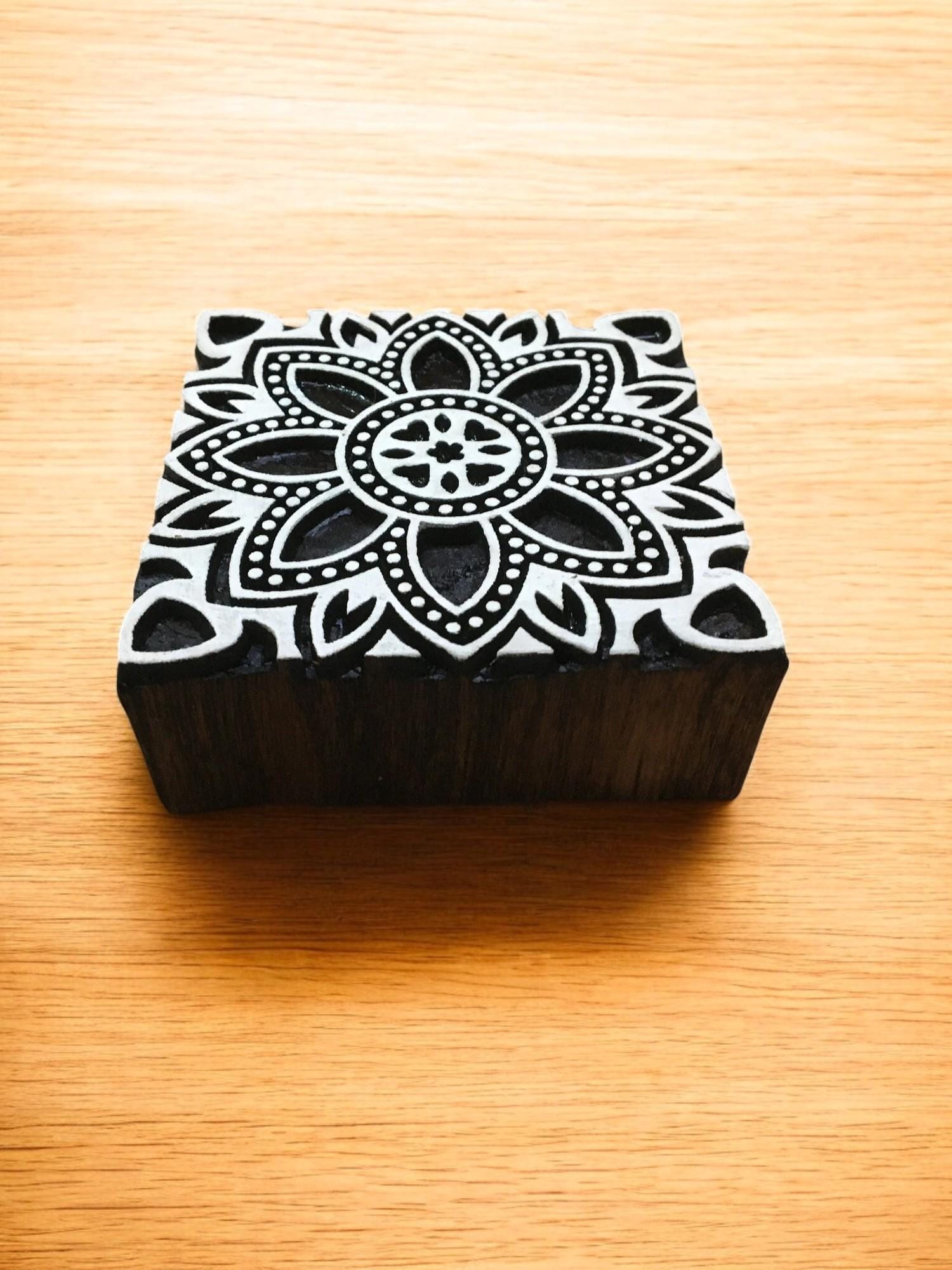 Moroccan Tile Printing Block, Indian Floral Wood Stamp (9x9cm)
