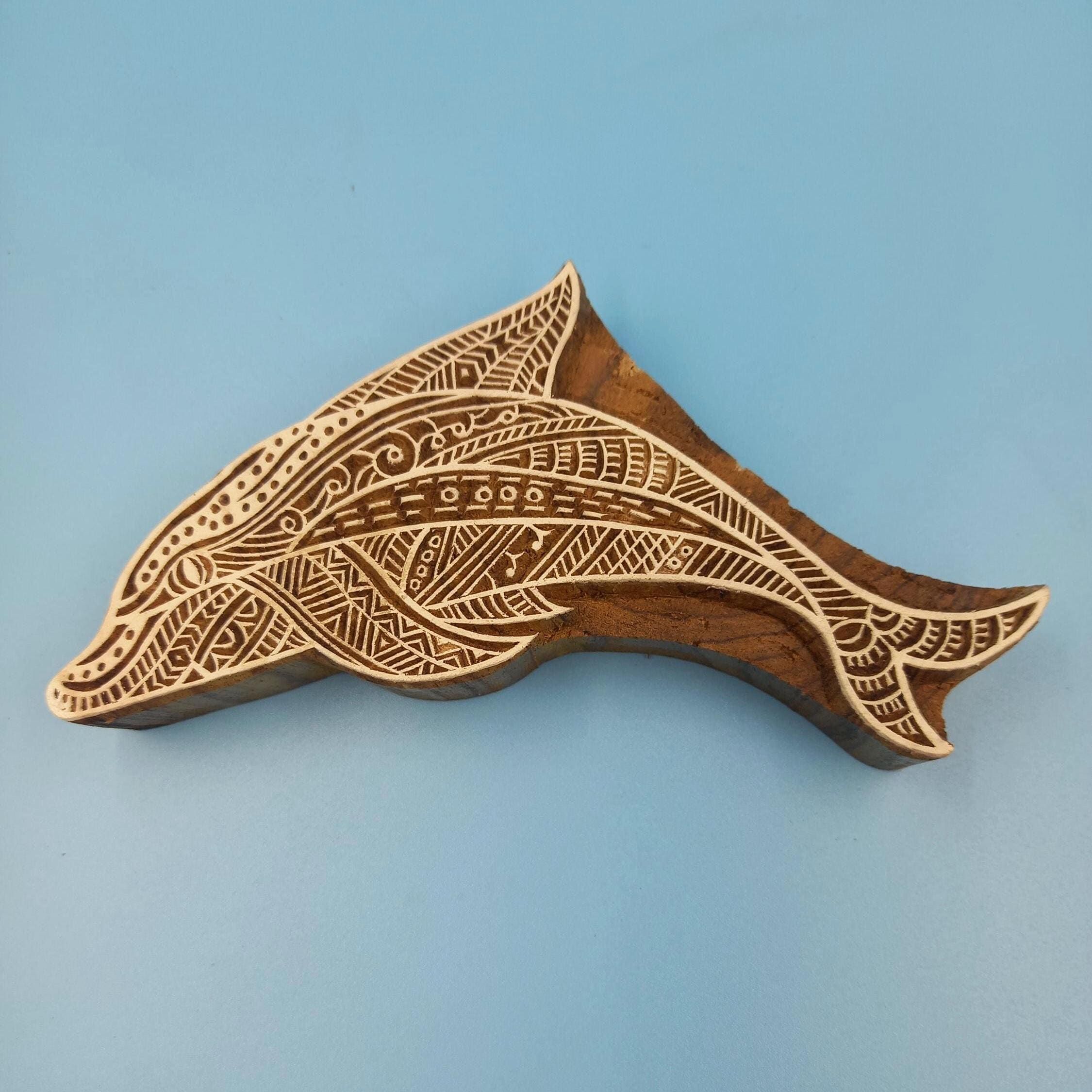 Zentangle Dolphin Wooden Printing Block Pottery Stamp, Batik Tjaps, Blaudruck stempel