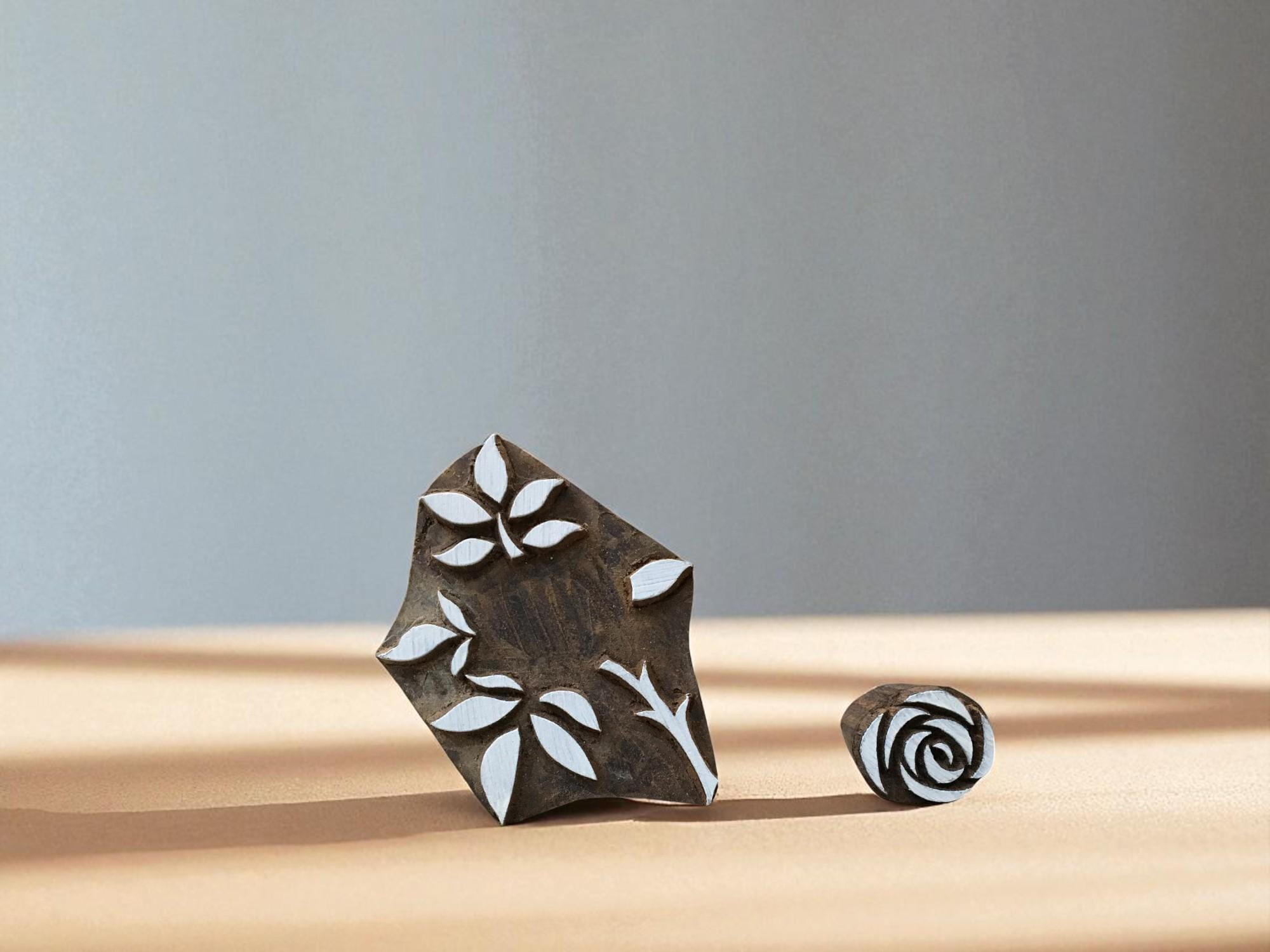 Hand Carved Rose & Leaf Indian Wood Stamp, Textile Pottery Block