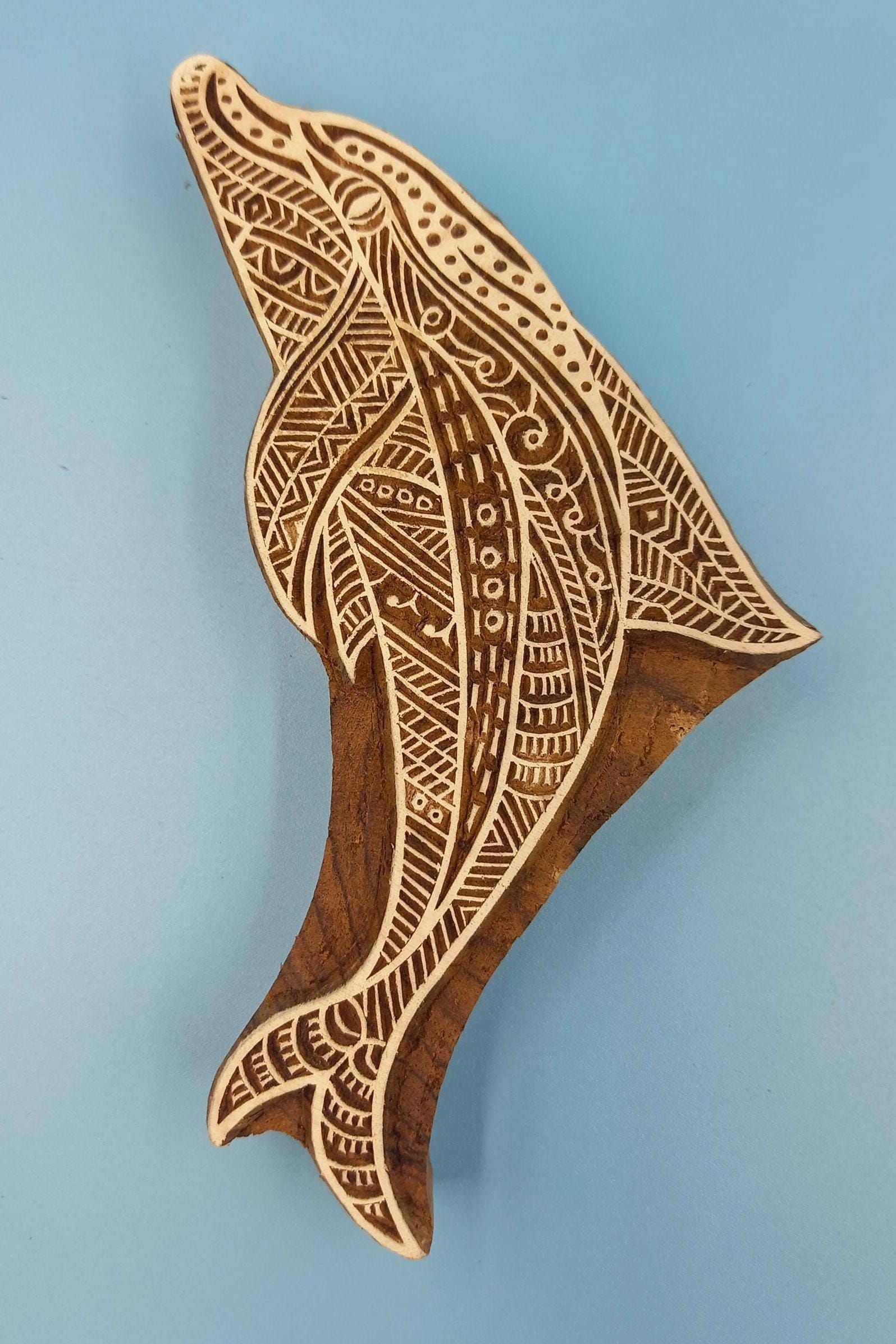 Zentangle Dolphin Wooden Printing Block Pottery Stamp, Batik Tjaps, Blaudruck stempel