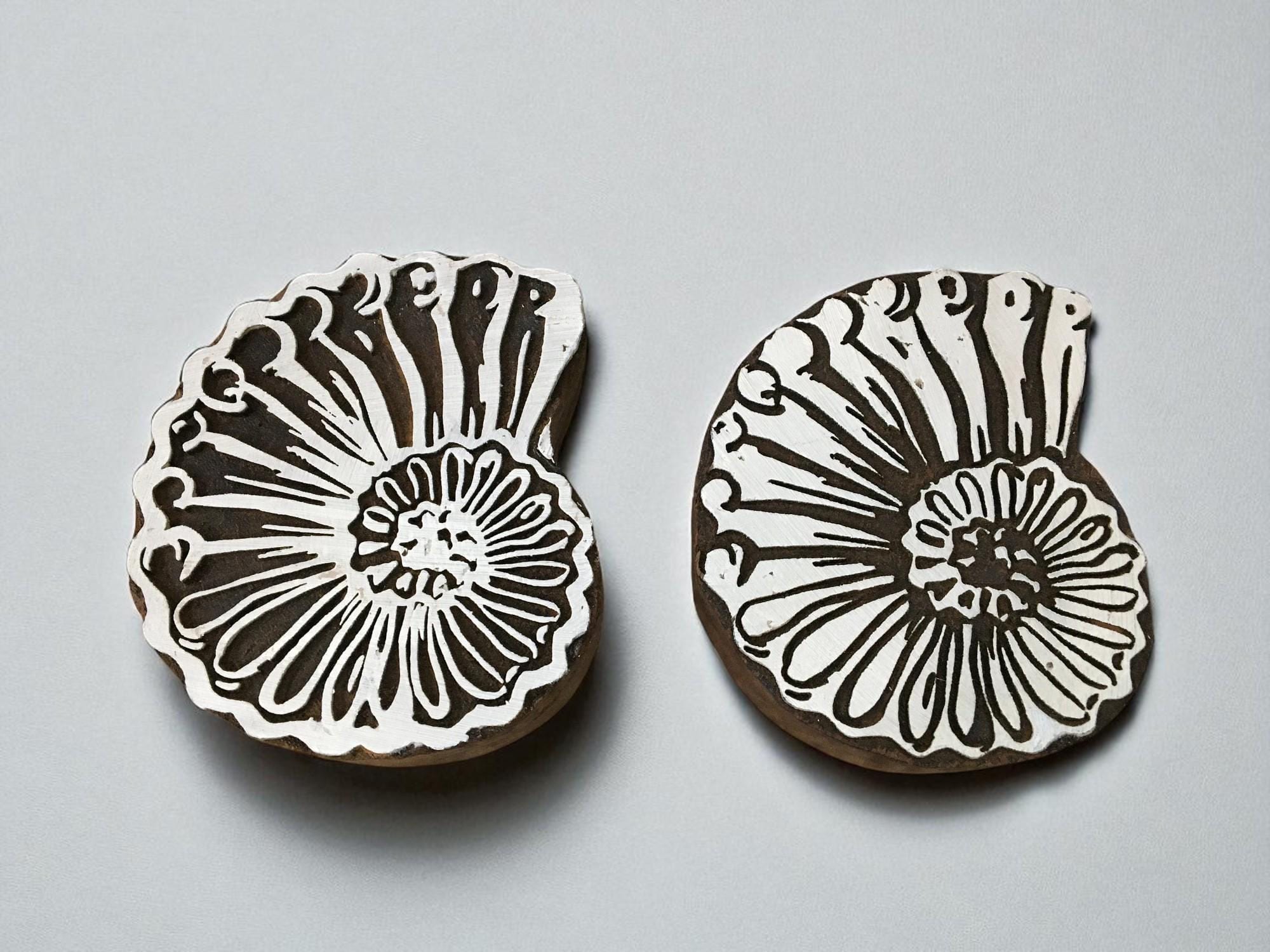 Fossil Shell Positive & Negative,  hand carved Indian wood printing block; textile stamp; pottery stamp,