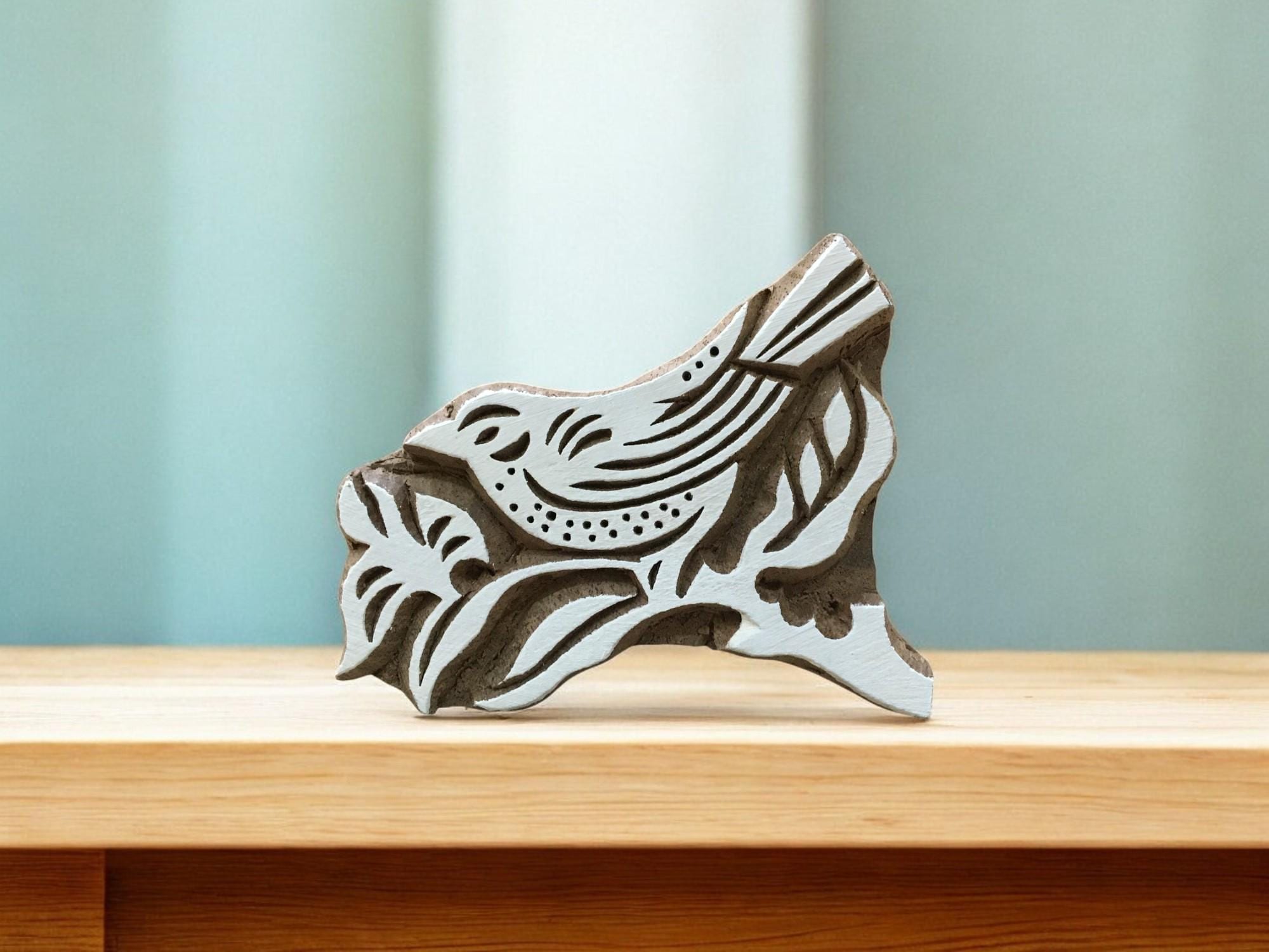 Bird on Branch, hand carved Indian wood printing block; textile stamp; pottery stamp,