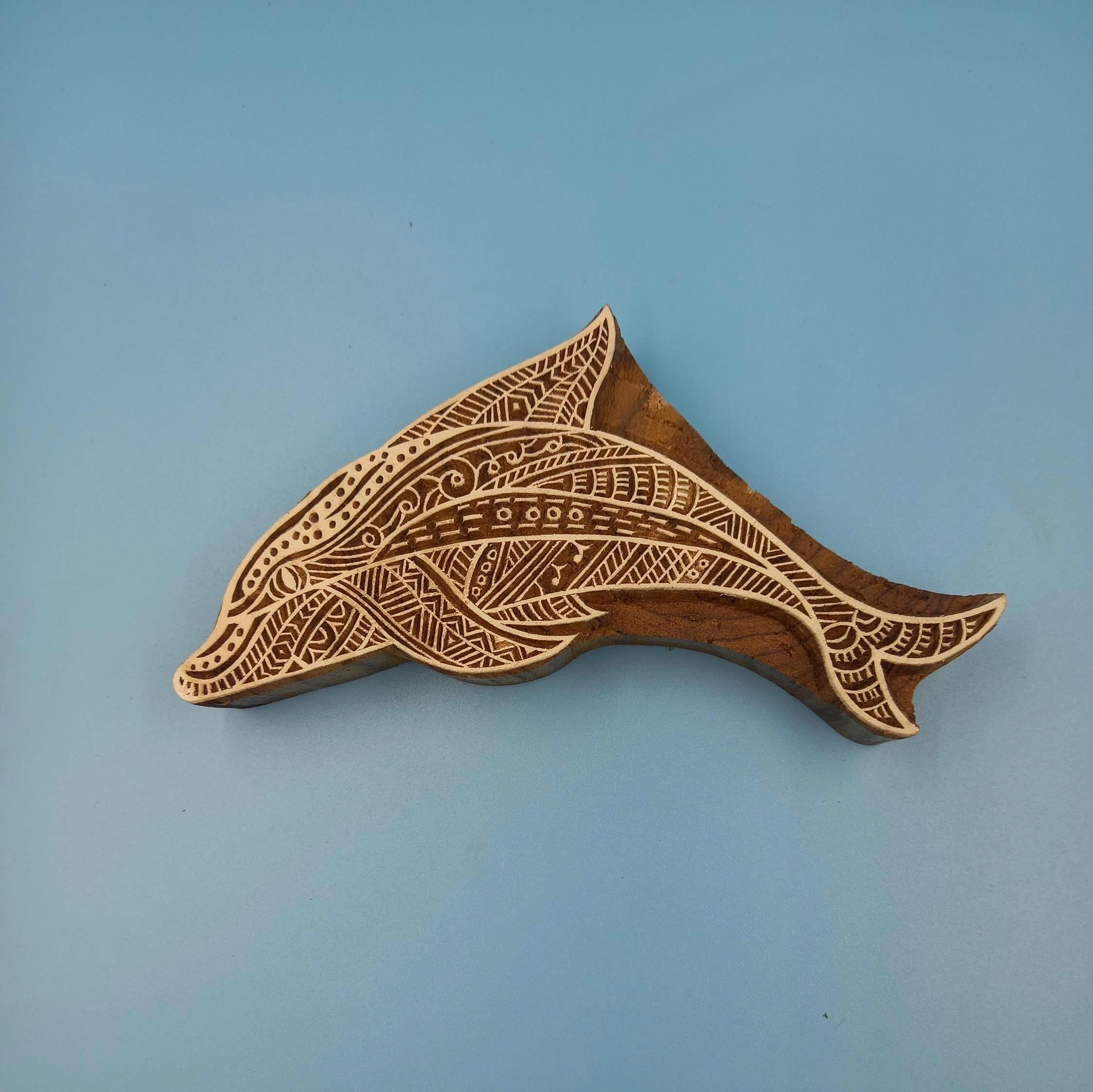 Zentangle Dolphin Wooden Printing Block Pottery Stamp, Batik Tjaps, Blaudruck stempel