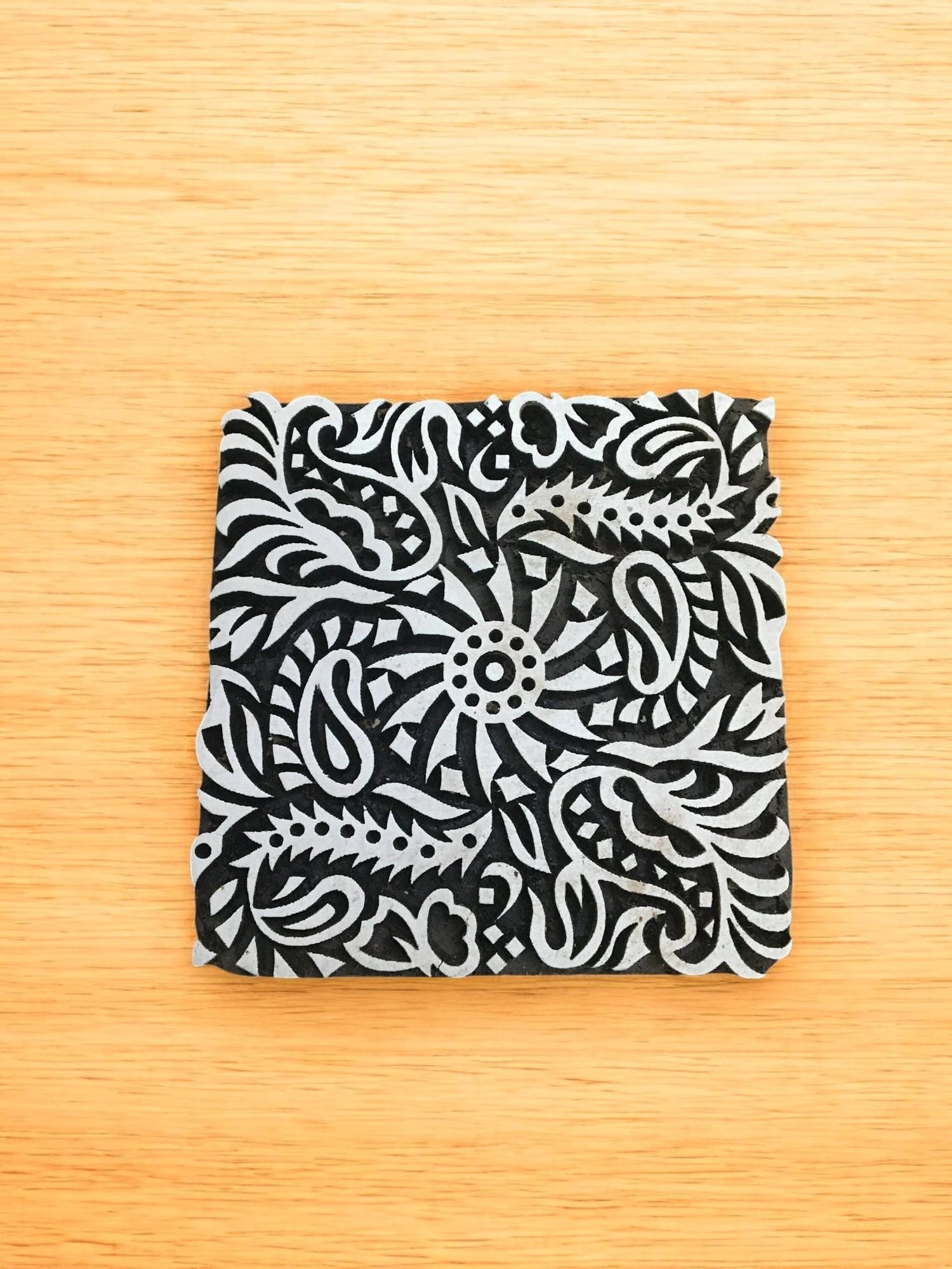 Hand Carved Indian Wood Printing Block – Detailed Flower Tile
