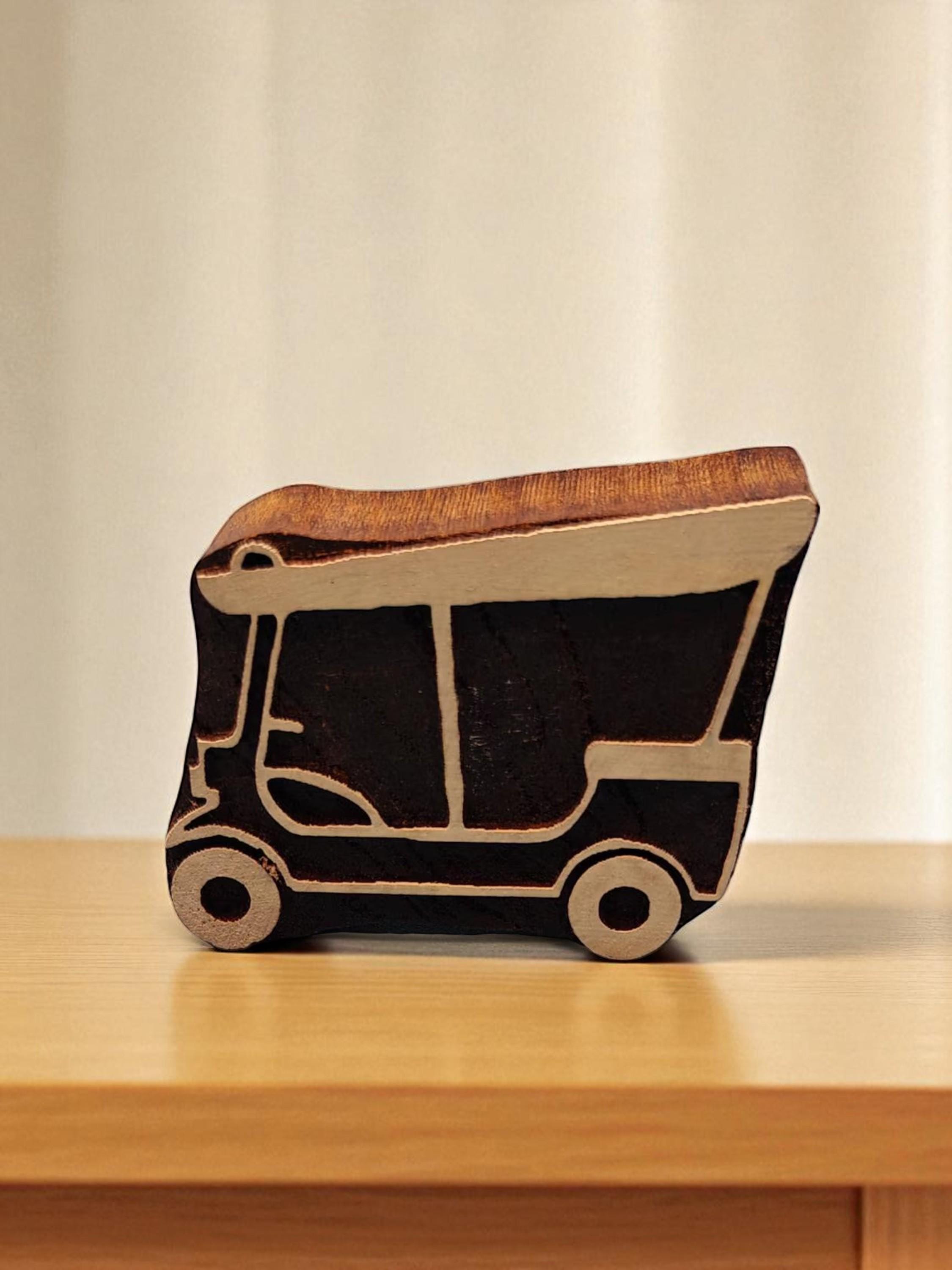 3 wheeler Auto , hand carved Indian wood printing block; textile stamp; pottery stamp,