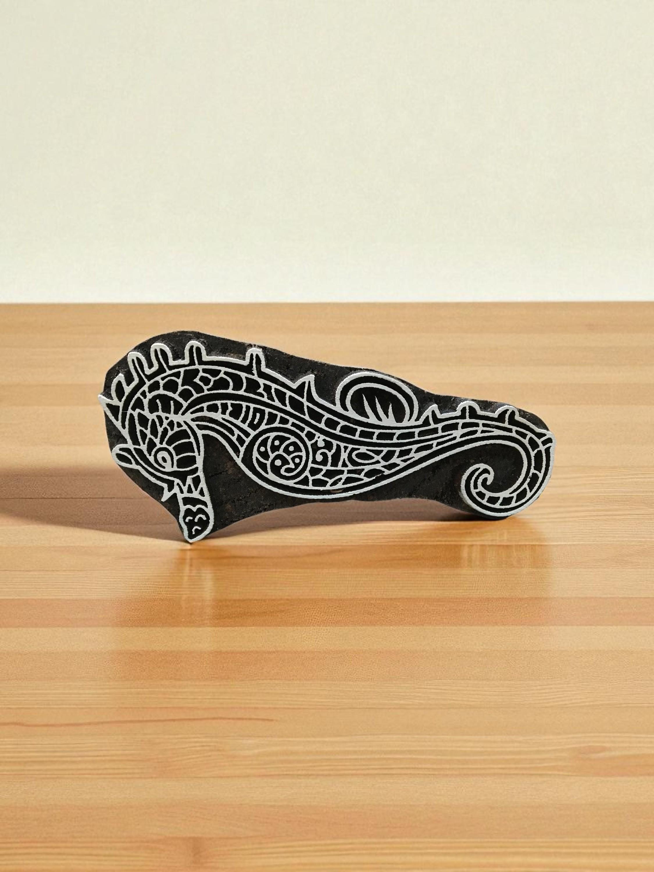 Zentangle Seahorse, hand carved Indian wood printing block; textile stamp; pottery stamp,