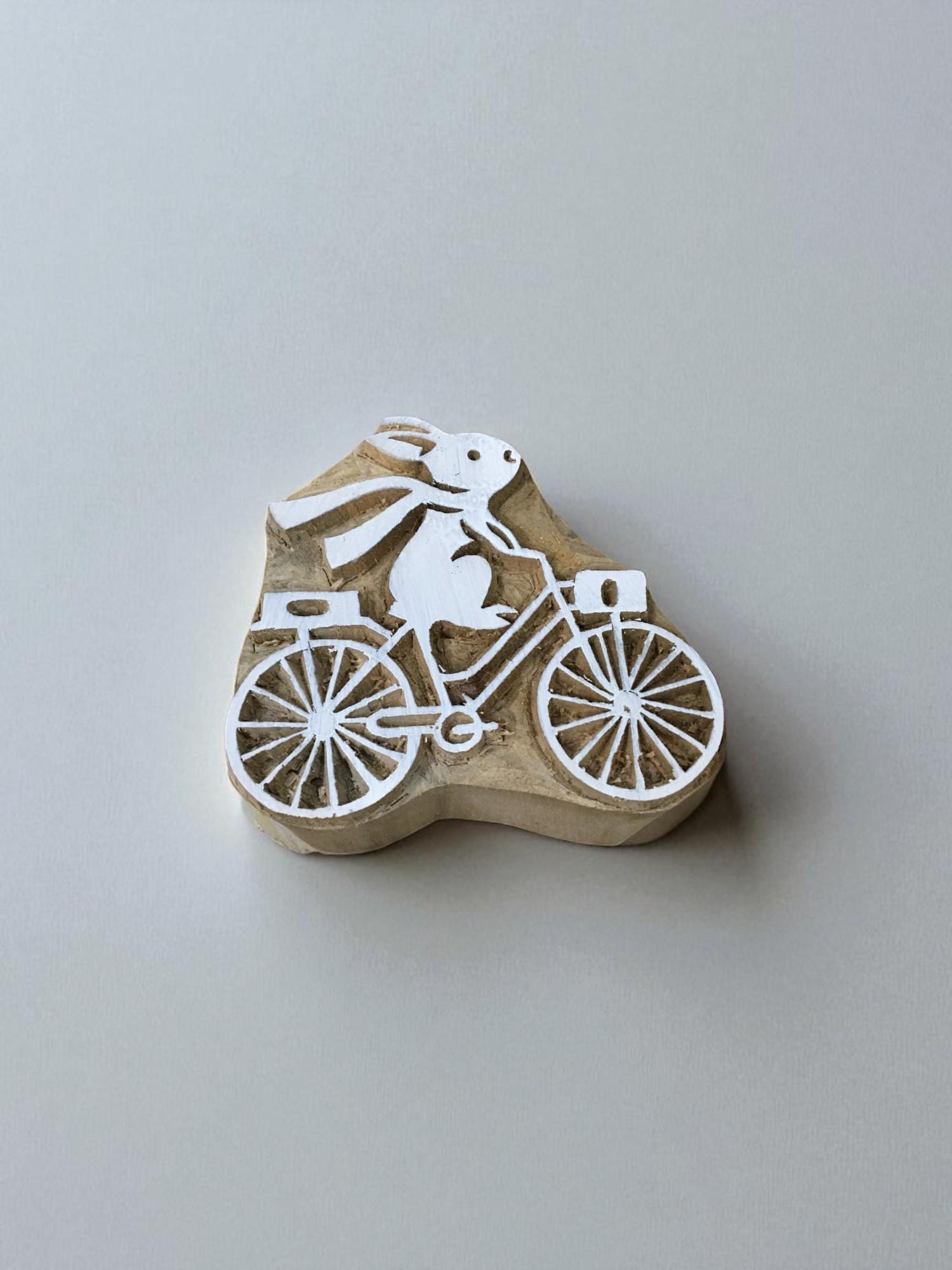A Rabbit On Bicycle,  hand carved Indian wood printing block; textile stamp; pottery stamp,