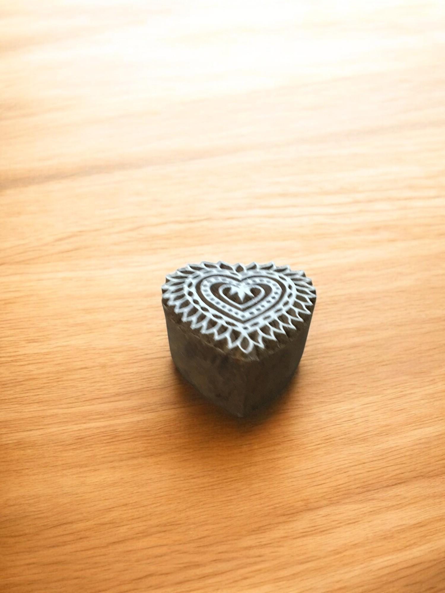 Hand Carved Heart Wood Printing Block, Textile Stamp