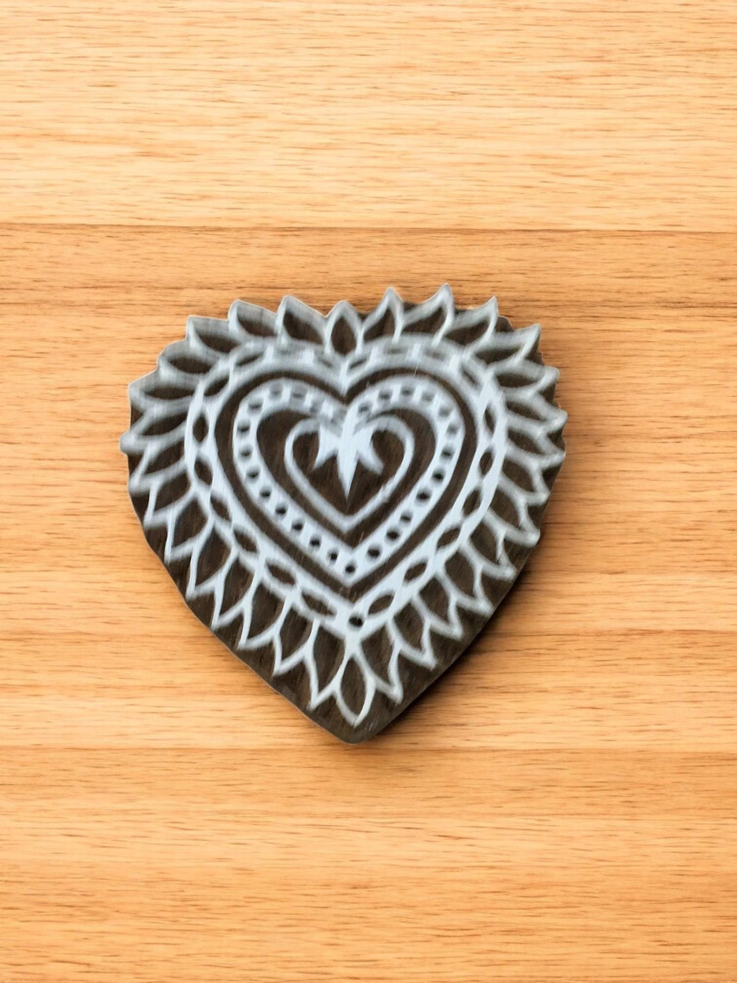 Hand Carved Heart Wood Printing Block, Textile Stamp