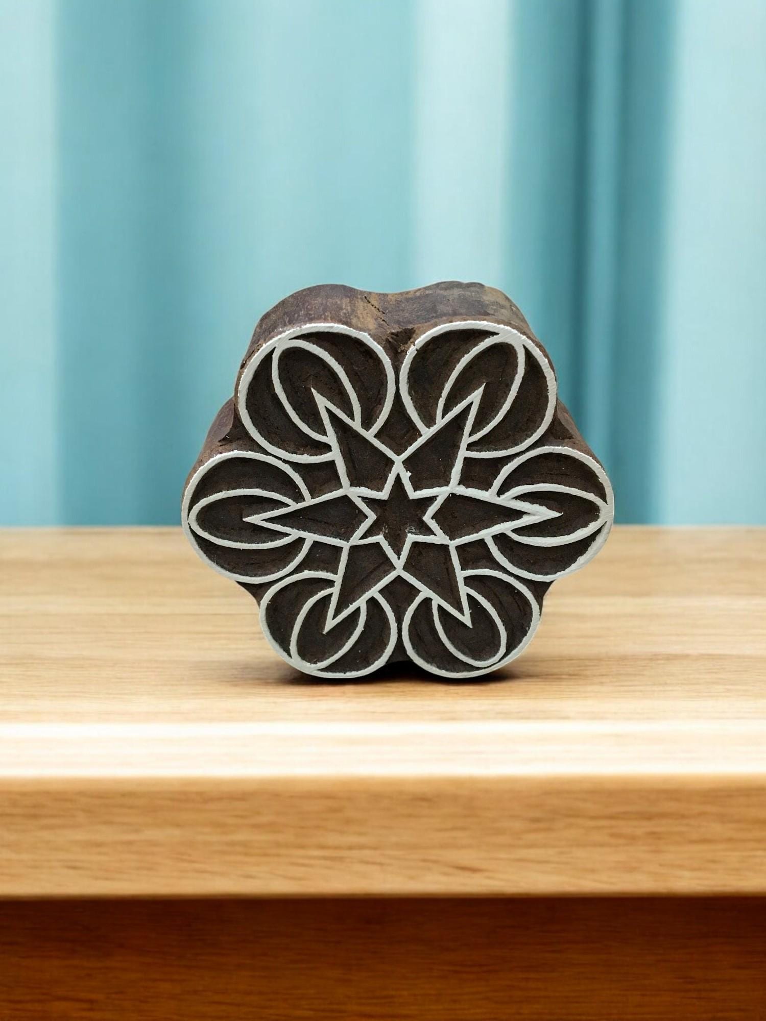 Geometric Mandal, round hand carved Indian wood printing block; textile stamp; pottery stamp,