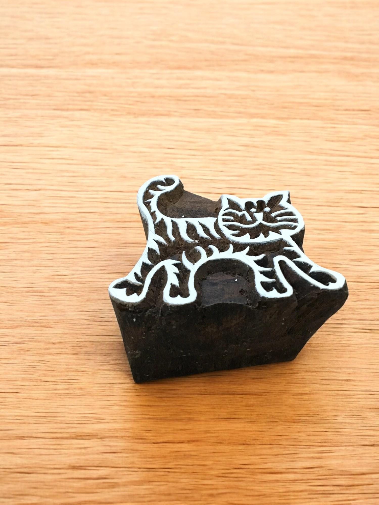 Small Cat, hand carved Indian wood printing block; textile stamp; pottery stamp,