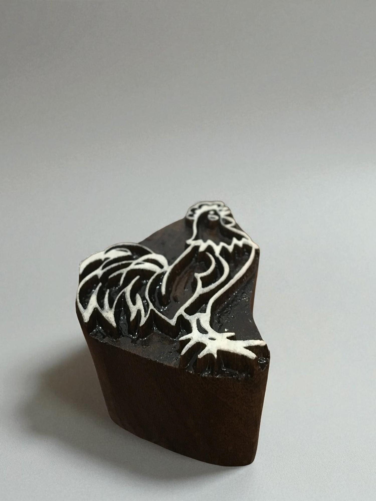 Cockerel Printing Block – Hand Carved Indian Wood Textile Stamp