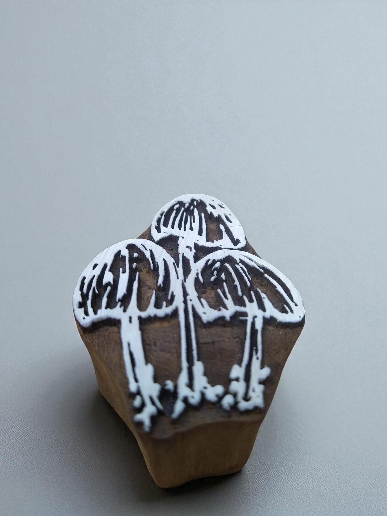 Trio Of Mushrooms , hand carved Indian wood printing block; textile stamp; pottery stamp,