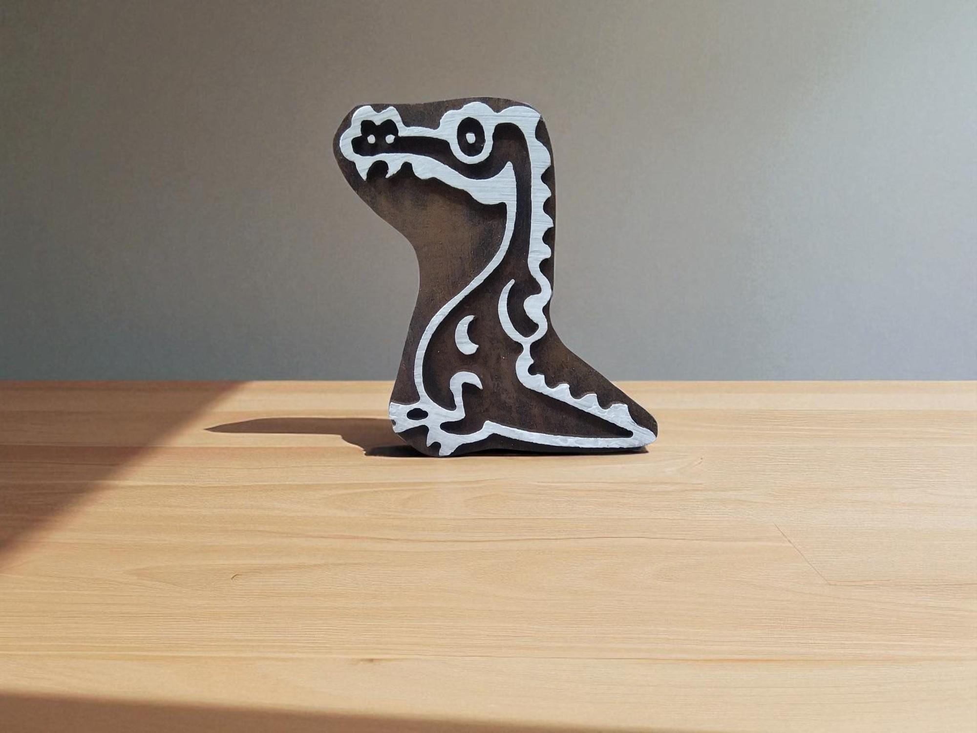 A Funny Gator  hand carved Indian wood printing block; textile stamp; pottery stamp,