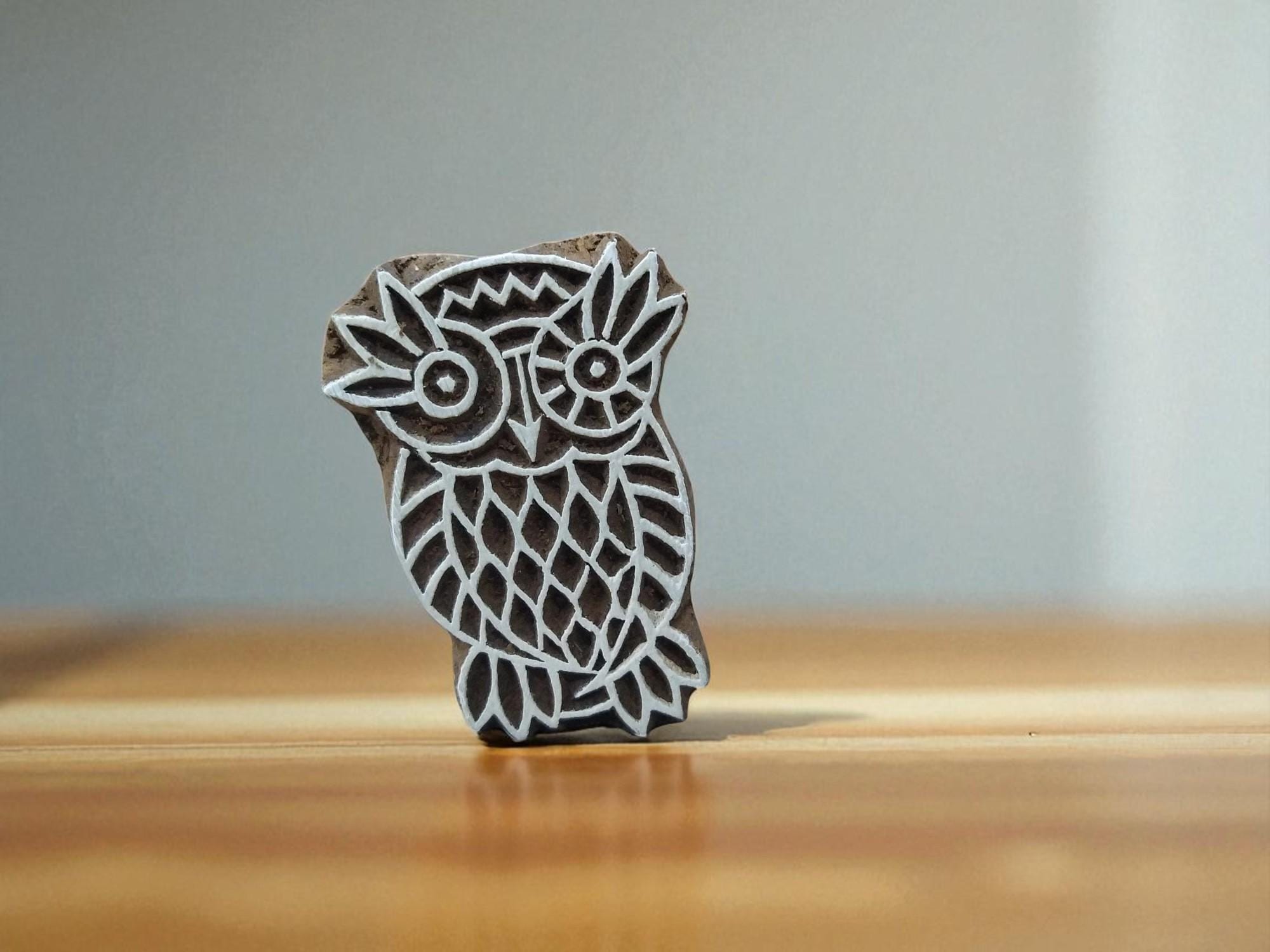 Owl on branch pose,  hand carved Indian wood printing block; textile stamp; pottery stamp,