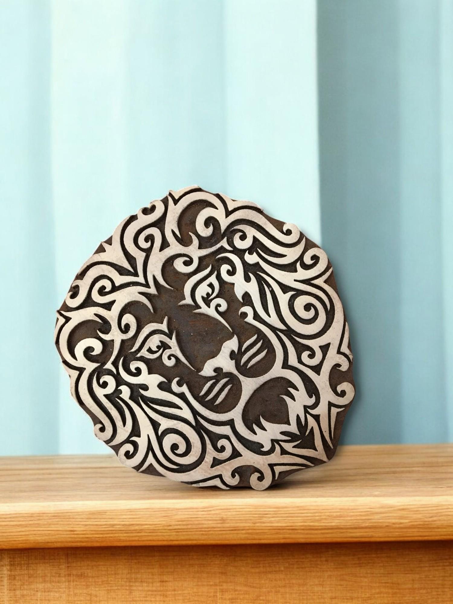 Lion Head Wood Block Stamp, Hand Carved Textile Printing
