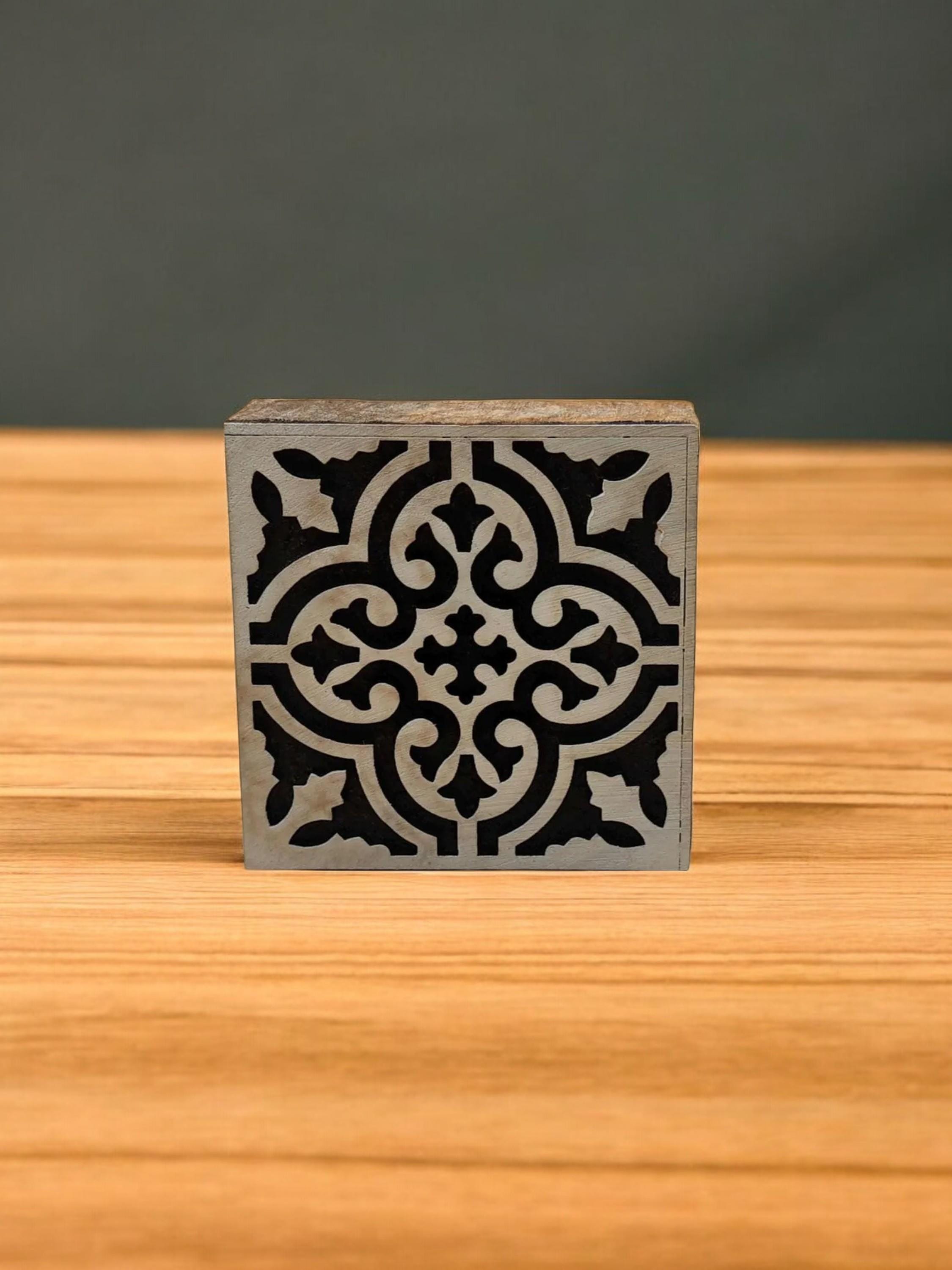 Moroccan Tile Wooden Printing Block Stamp, Floral Carved Tjap
