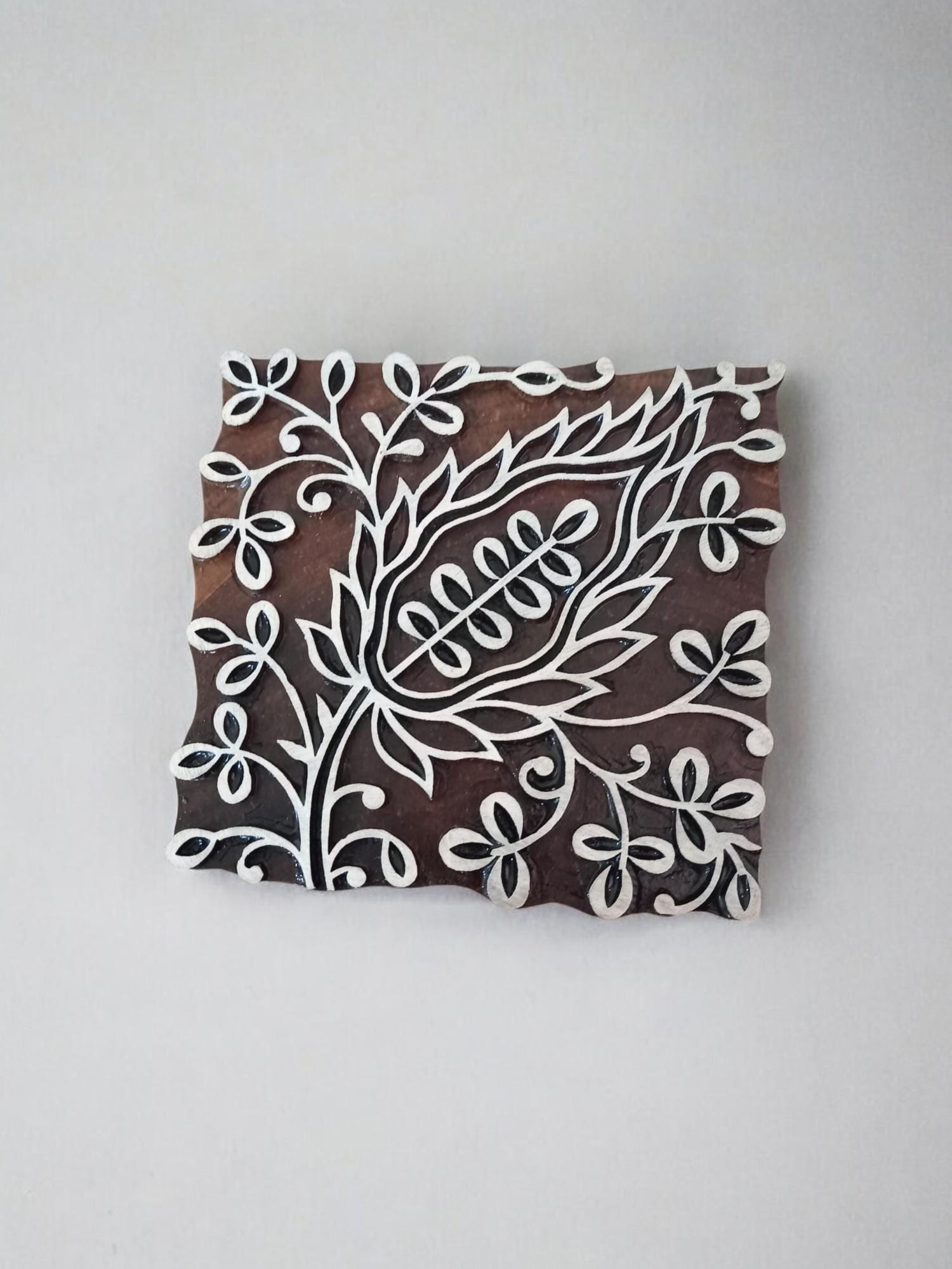 Hand Carved Indian Wood Printing Block, Leaf Design Textile Stamp