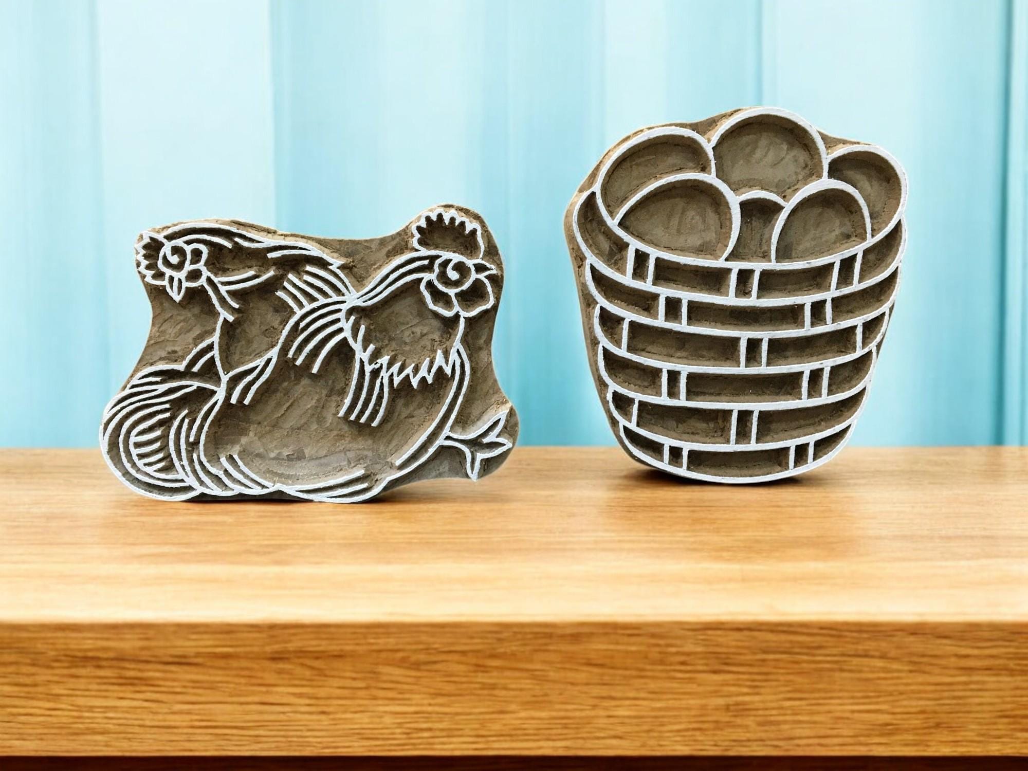 Hen, Cock & Egg Basket Wooden Printing Blocks, Textile Pottery Stamps
