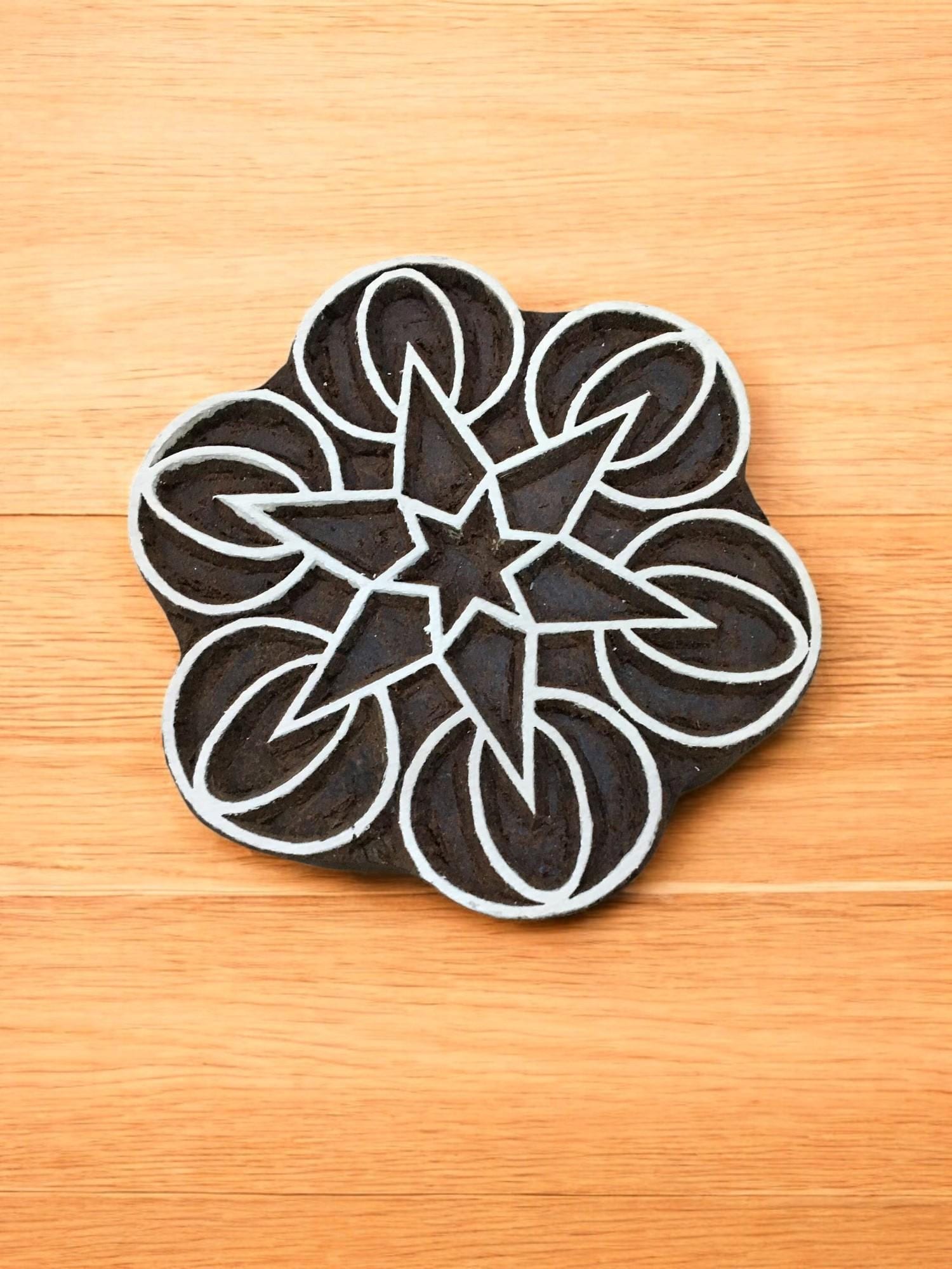 Geometric Mandal, round hand carved Indian wood printing block; textile stamp; pottery stamp,
