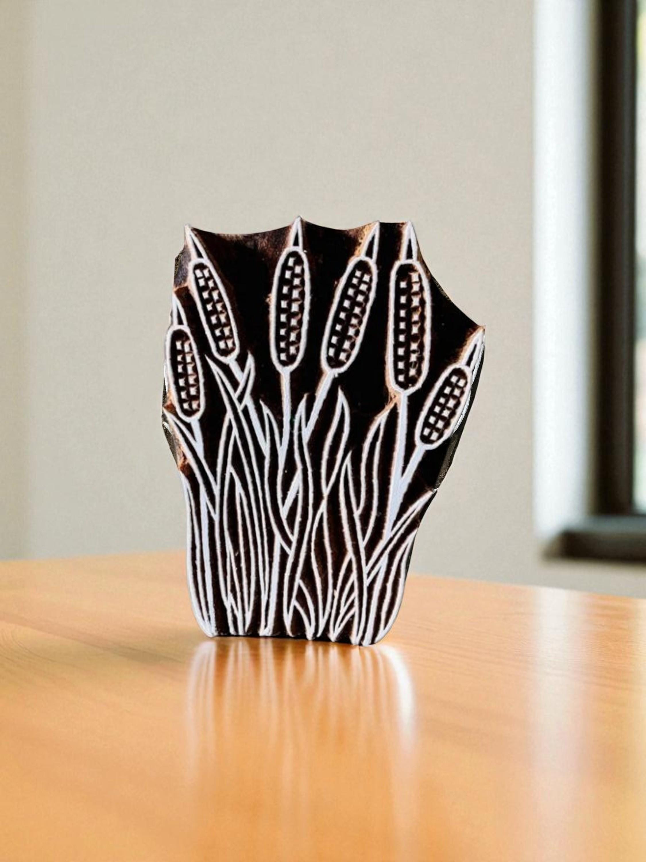 Cattail Wood Printing Block: Hand Carved Indian Stamp (88x63mm