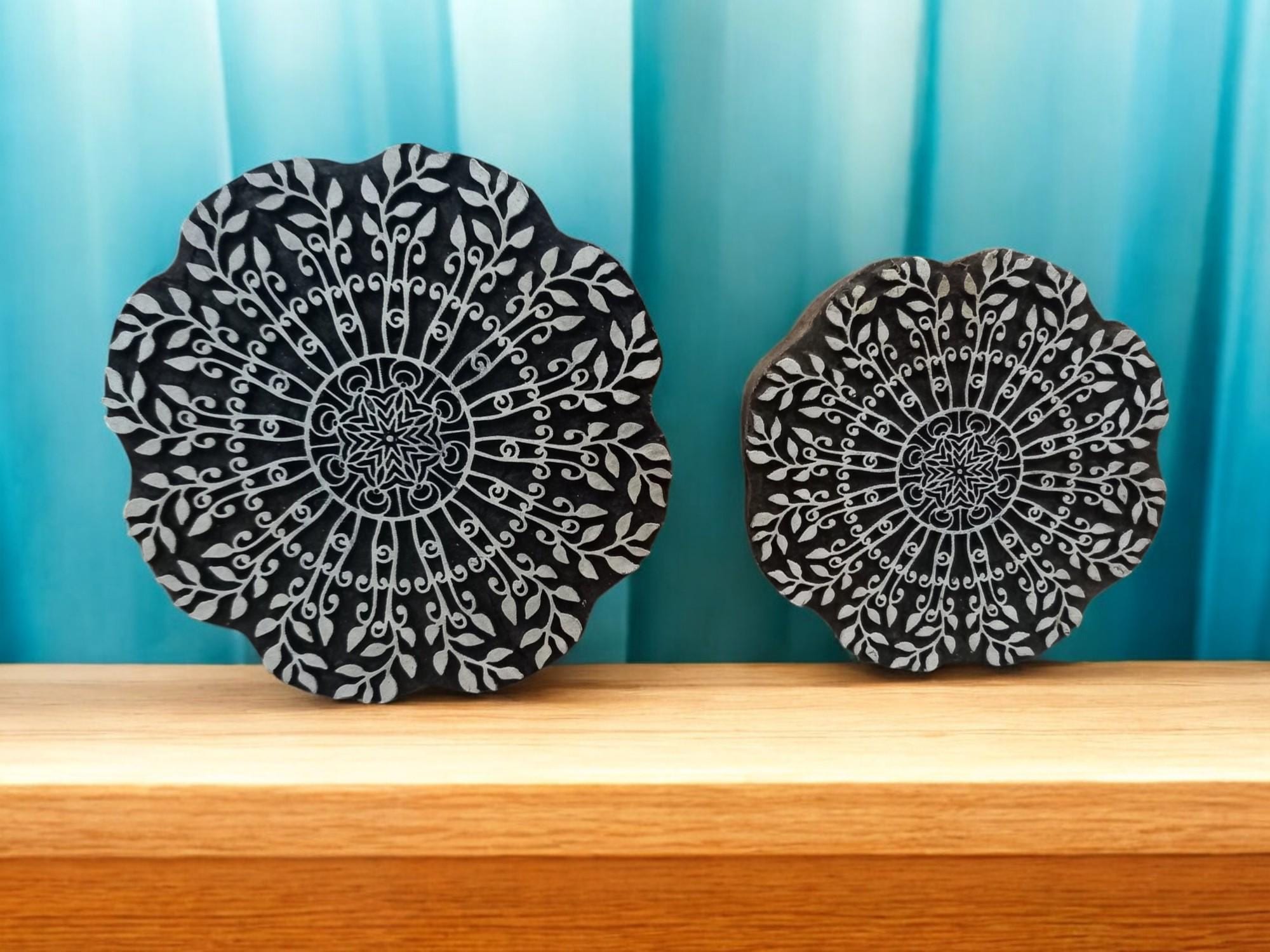 Leafy Mandala Wood Stamp Pair, Hand Carved Indian Block