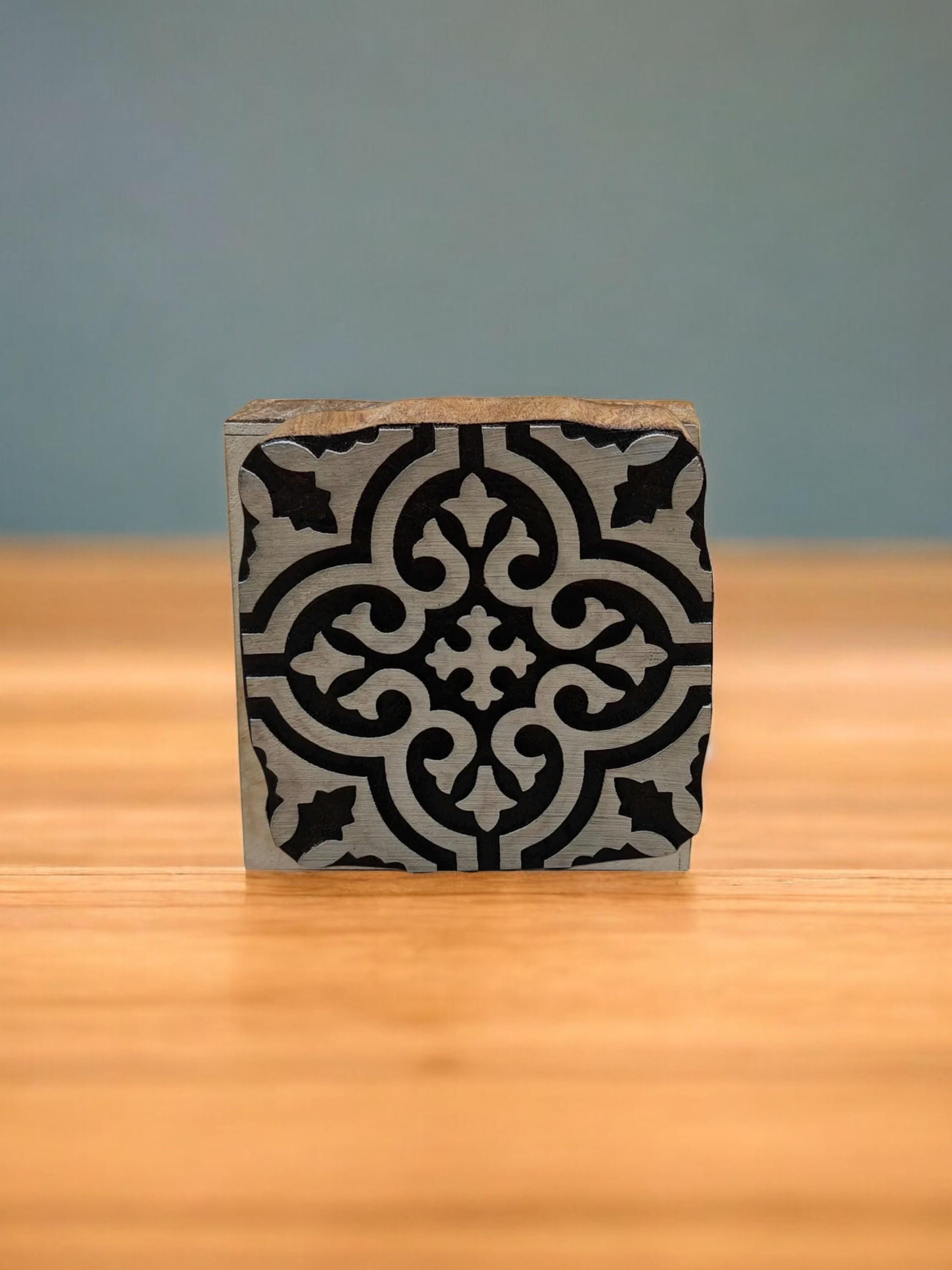 Moroccan Tile Wooden Printing Block Stamp, Floral Carved Tjap