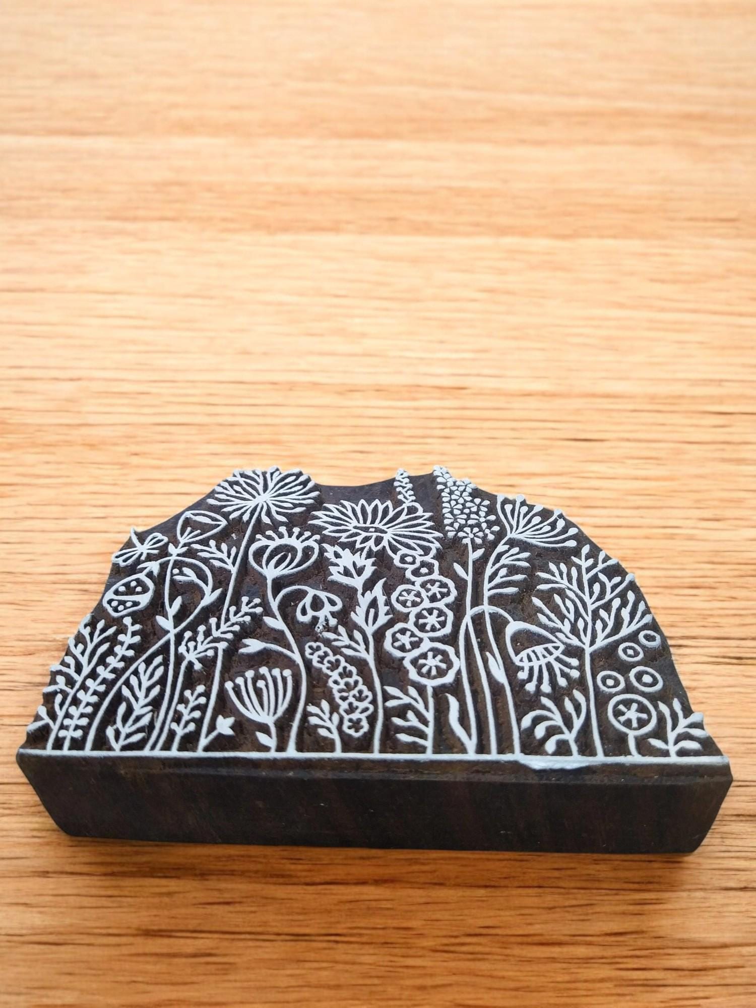 Floral Meadow Wooden Printing Block, Indian Hand Carved Stamp