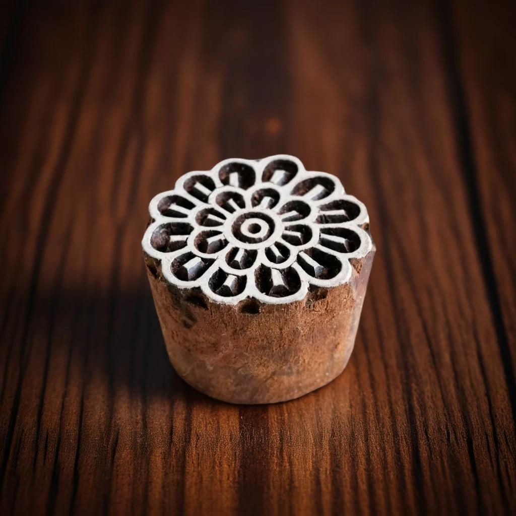 Floral Pottery Stamp, Hand Carved Indian Wood Block, 2"x2"