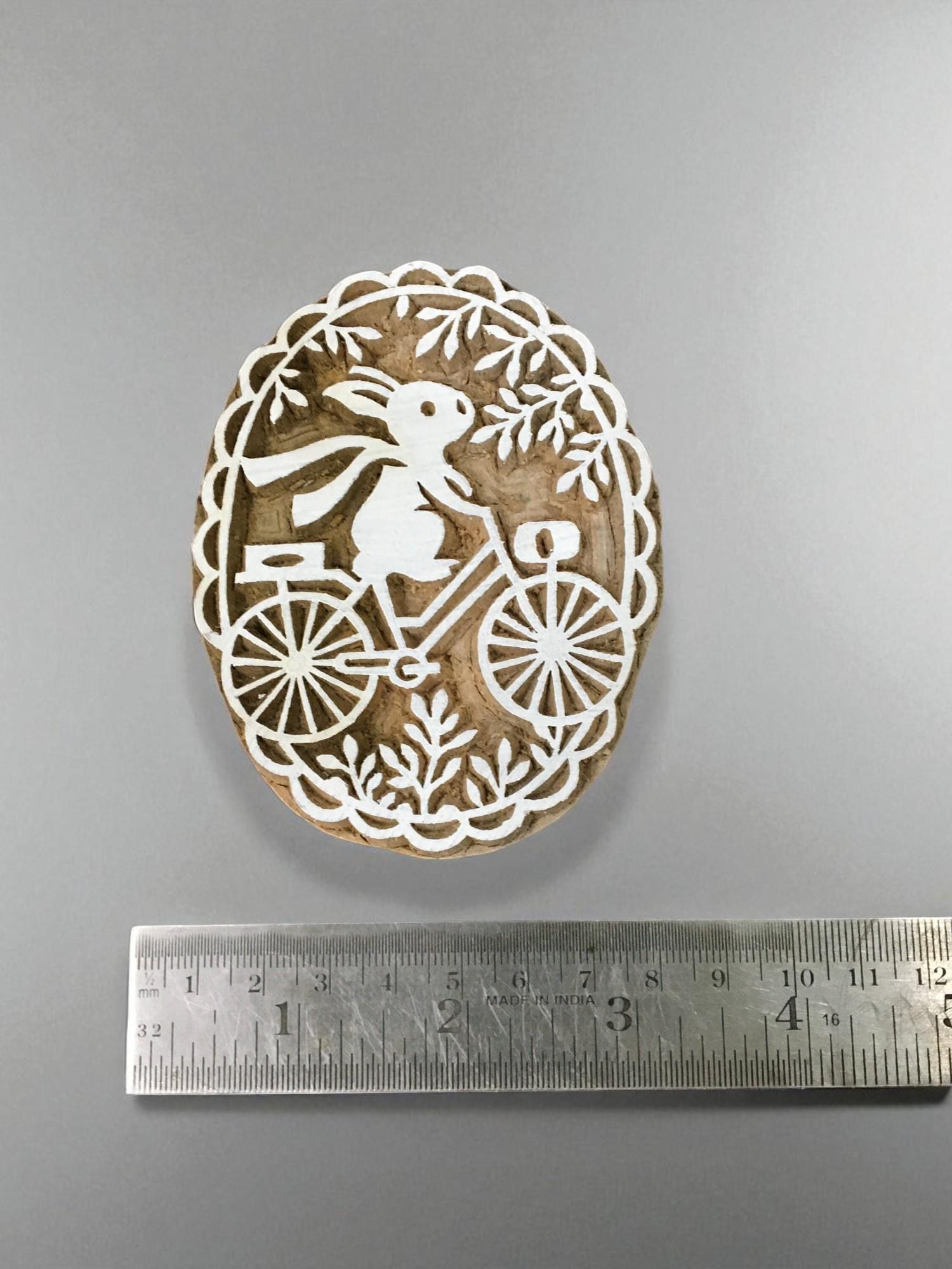 Rabbit on Bicycle Wood Block Stamp, Indian Textile Printing