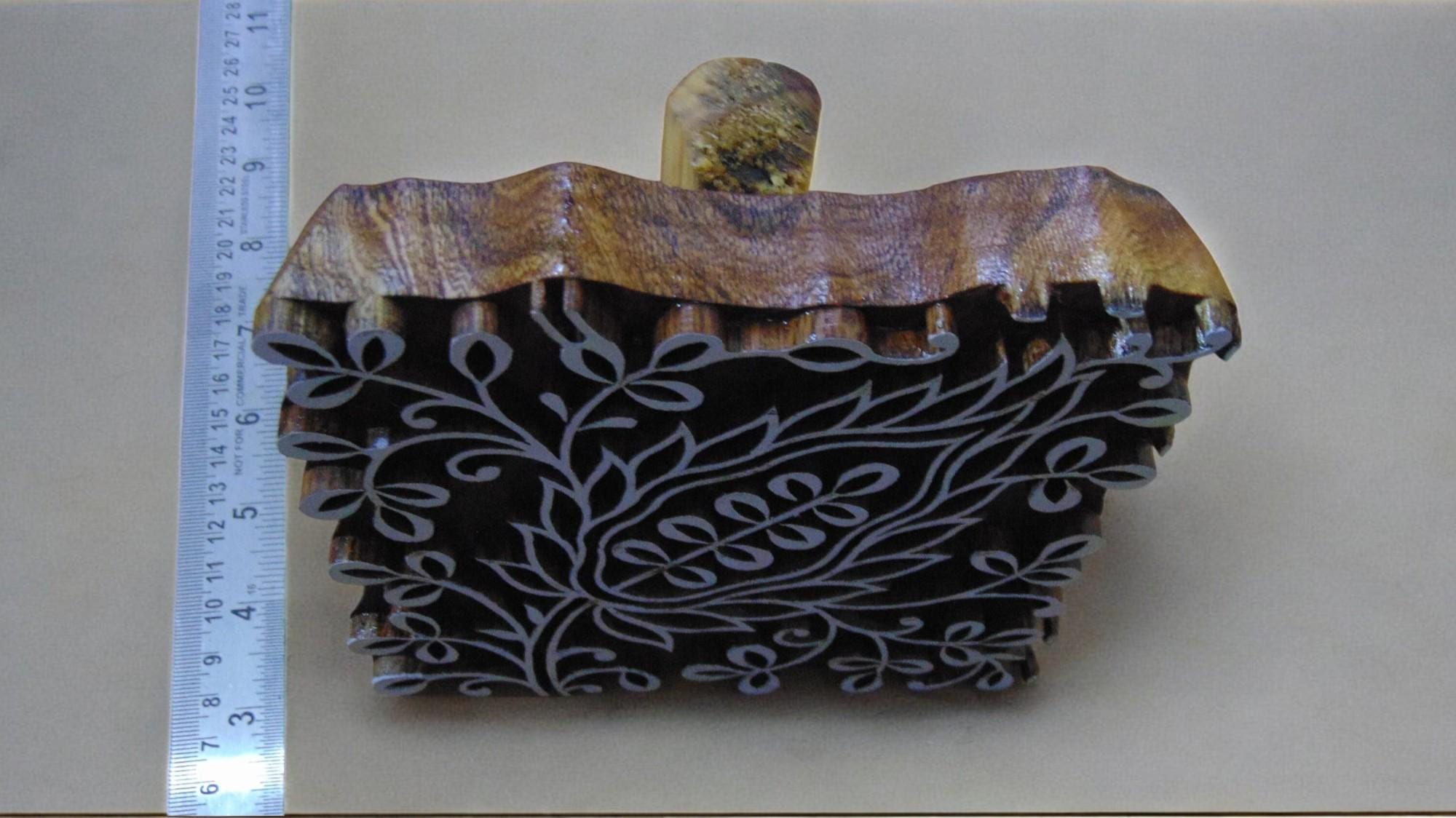 Hand Carved Indian Wood Printing Block, Leaf Design Textile Stamp