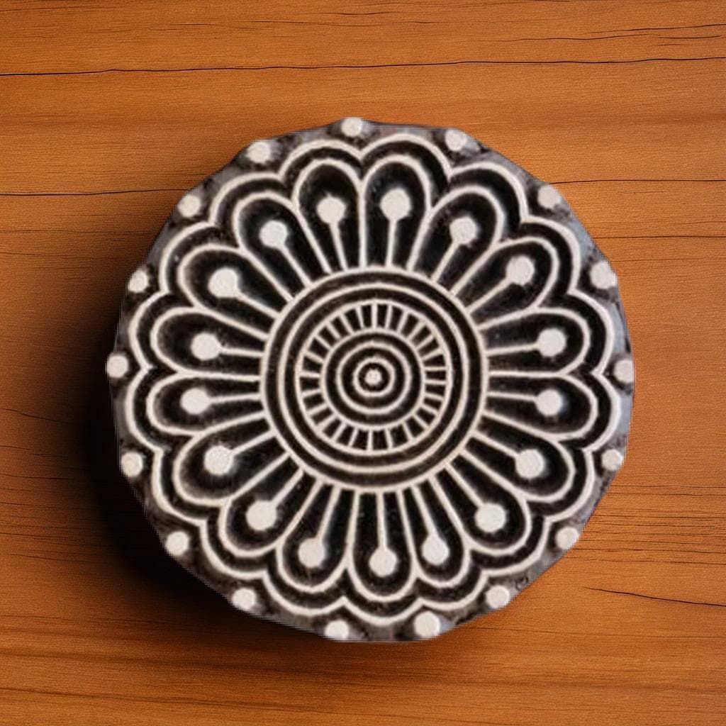 Mehndi Flower Wood Stamp, Pottery Soap Textile Clay Block Print (2.5"x2.5")