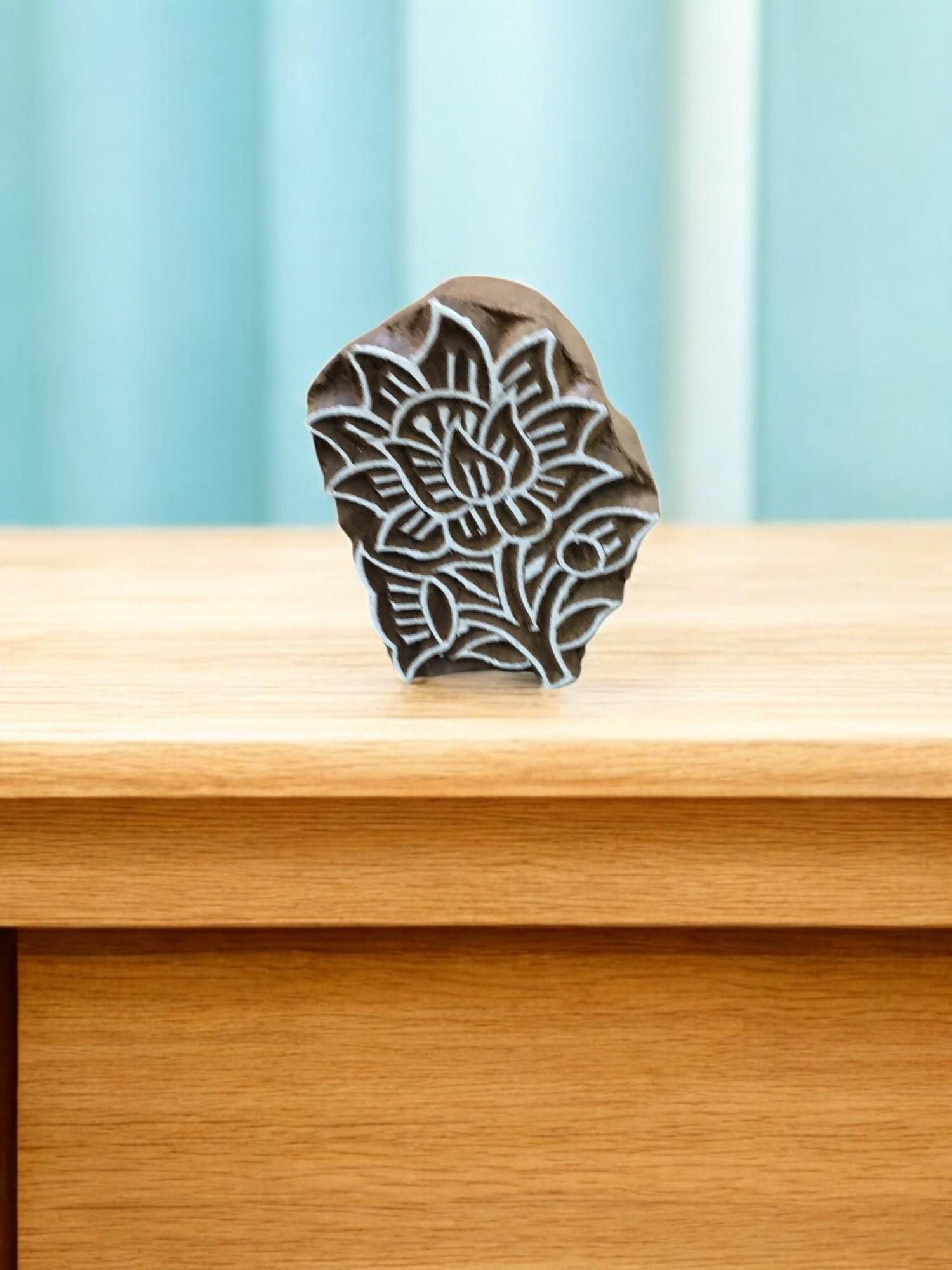 Flower with leaves, hand carved Indian wood printing block; textile stamp; pottery stamp,